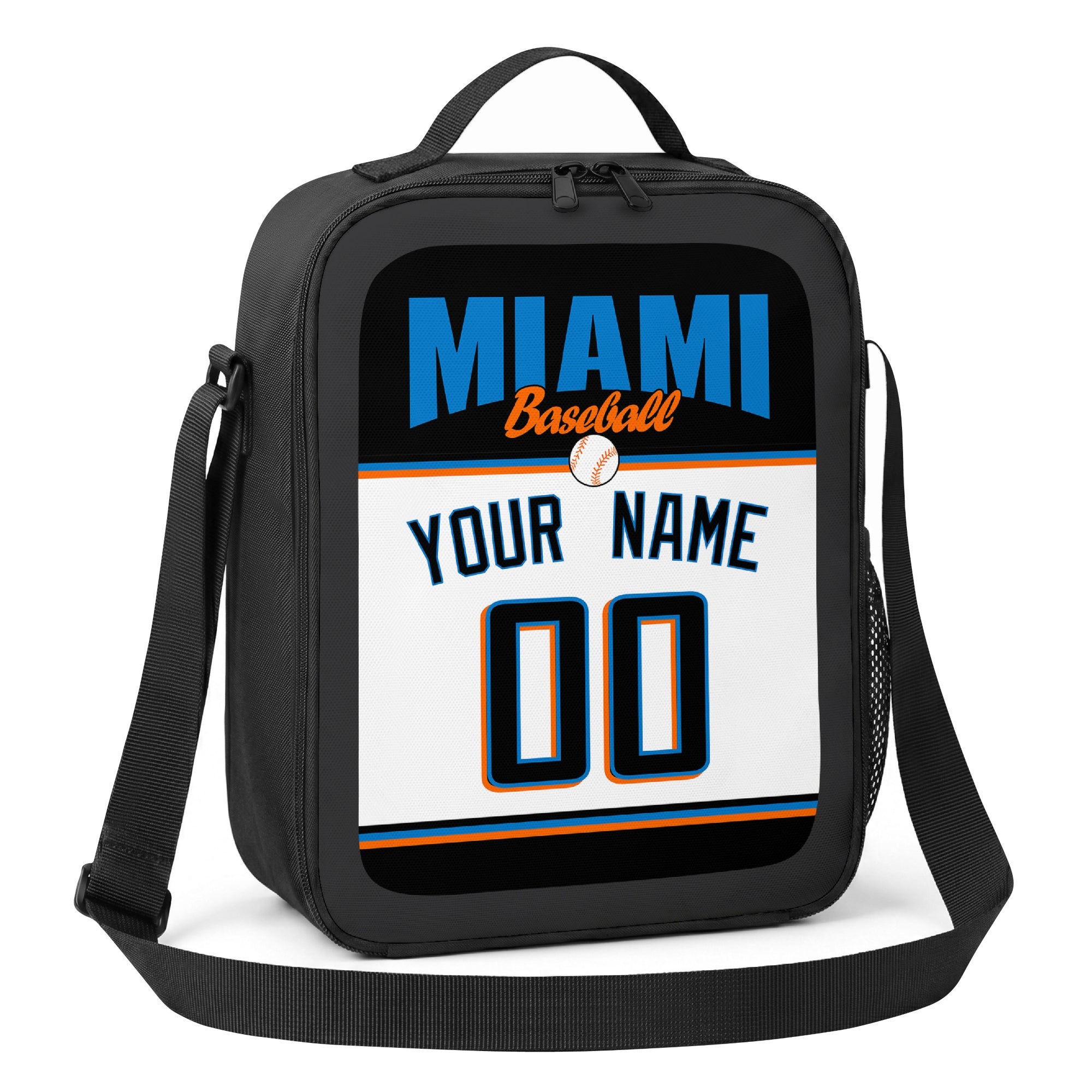 Miami black teal orange and white personalized baseball lunch bag alternate angle with side mesh pocket top handle and shoulder strap