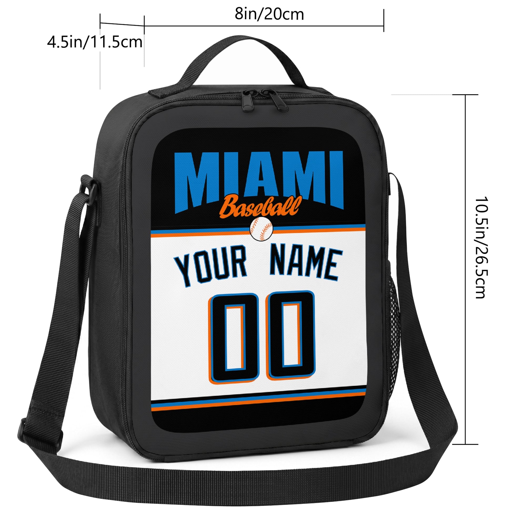 Miami personalized baseball lunch bag size guide showing 8 by 4.5 by 10.5 inch dimensions