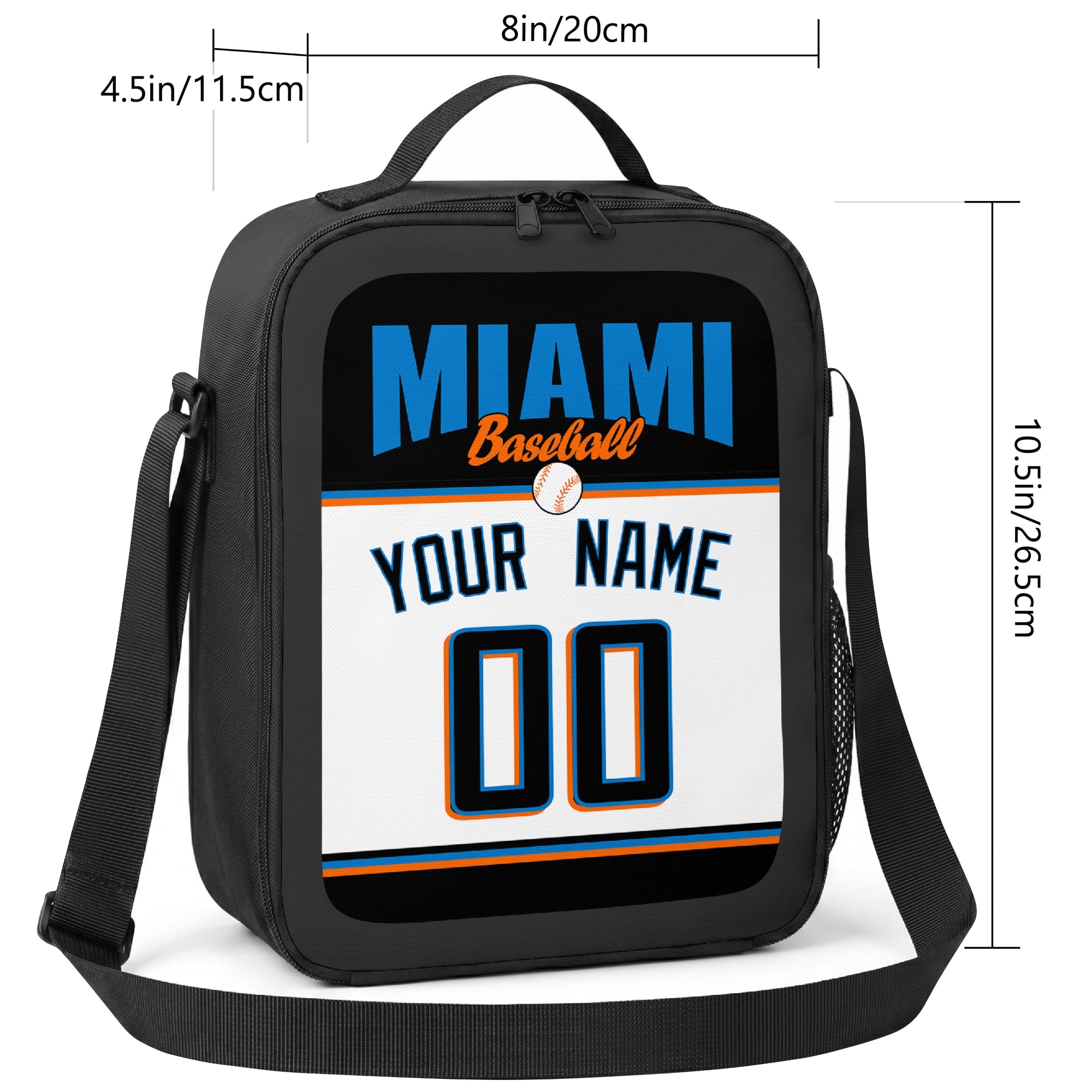 Miami personalized baseball lunch bag size guide showing 8 by 4.5 by 10.5 inch dimensions
