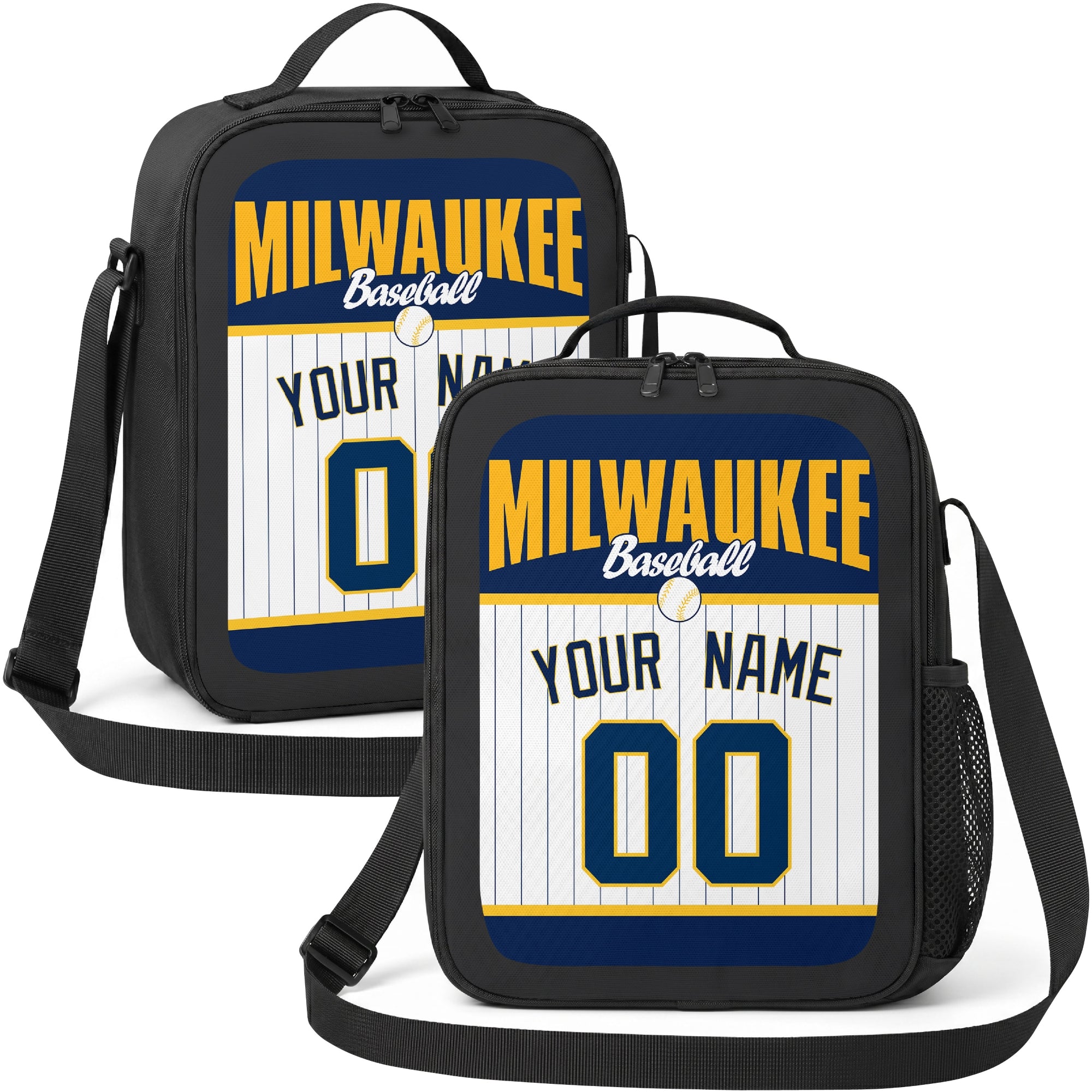 Milwaukee personalized baseball lunch bag in navy gold and white showing front and angled views with custom name and number