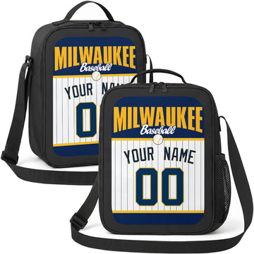 Milwaukee personalized baseball lunch bag in navy gold and white showing front and angled views with custom name and number