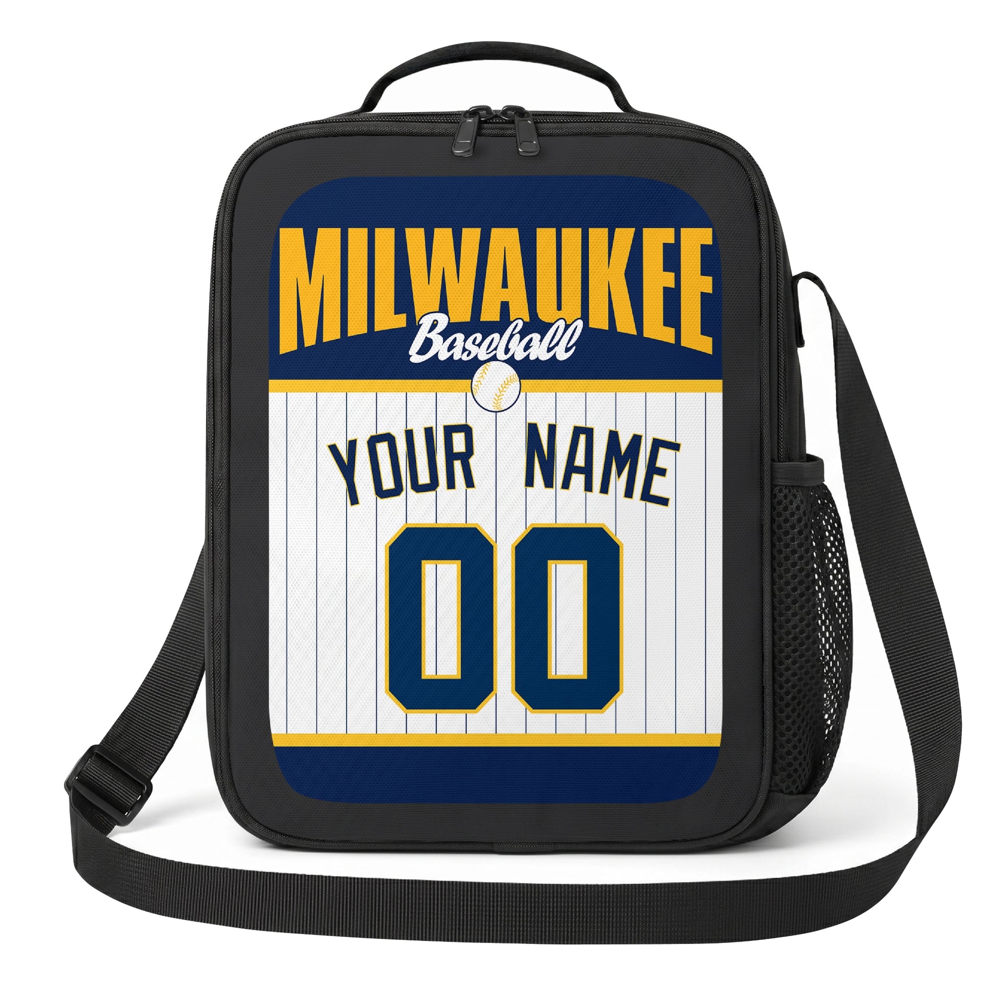 Milwaukee navy gold and white personalized baseball lunch bag angled front view with city lettering and custom name number