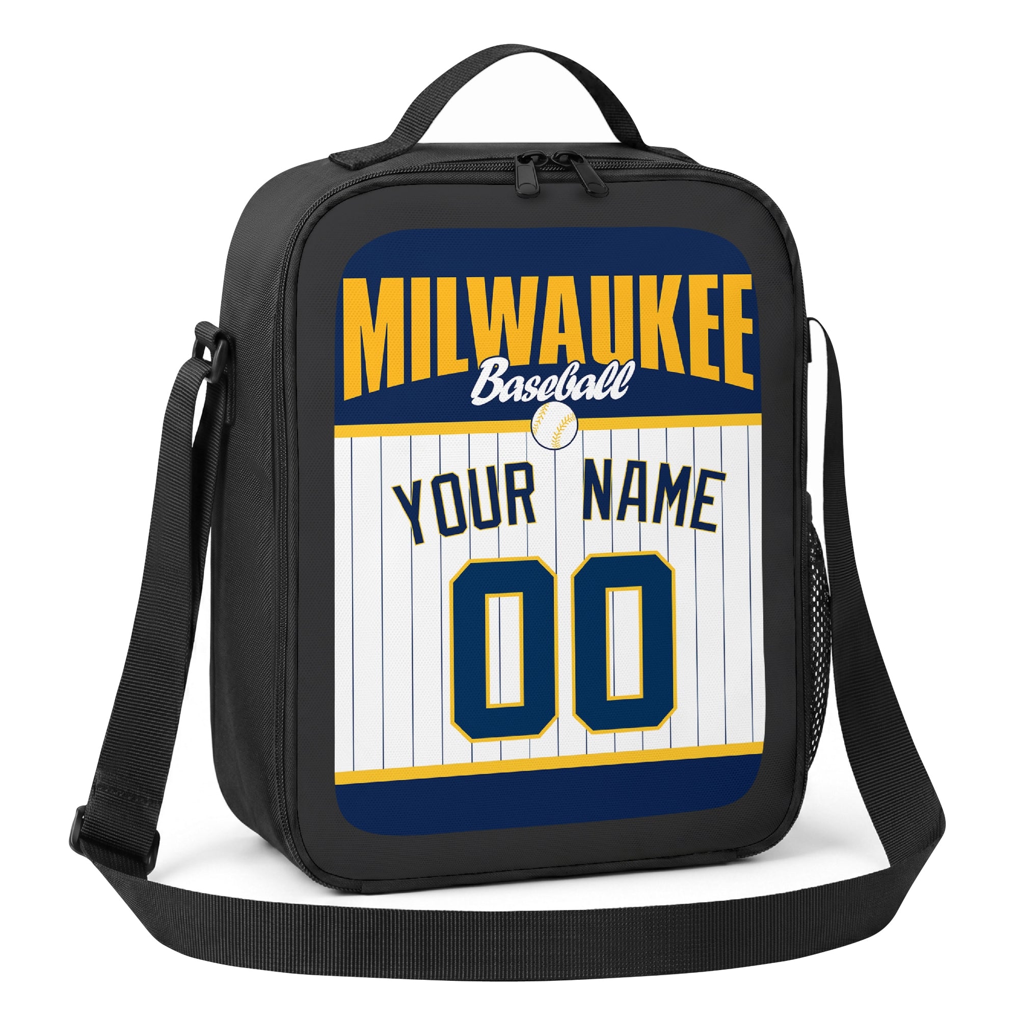 Milwaukee navy gold and white personalized baseball lunch bag alternate angle with side mesh pocket top handle and shoulder strap