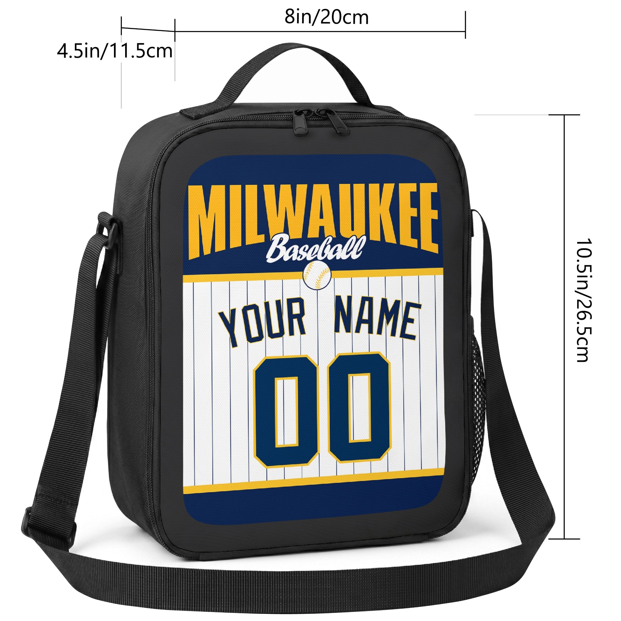 Milwaukee personalized baseball lunch bag size guide showing 8 by 4.5 by 10.5 inch dimensions