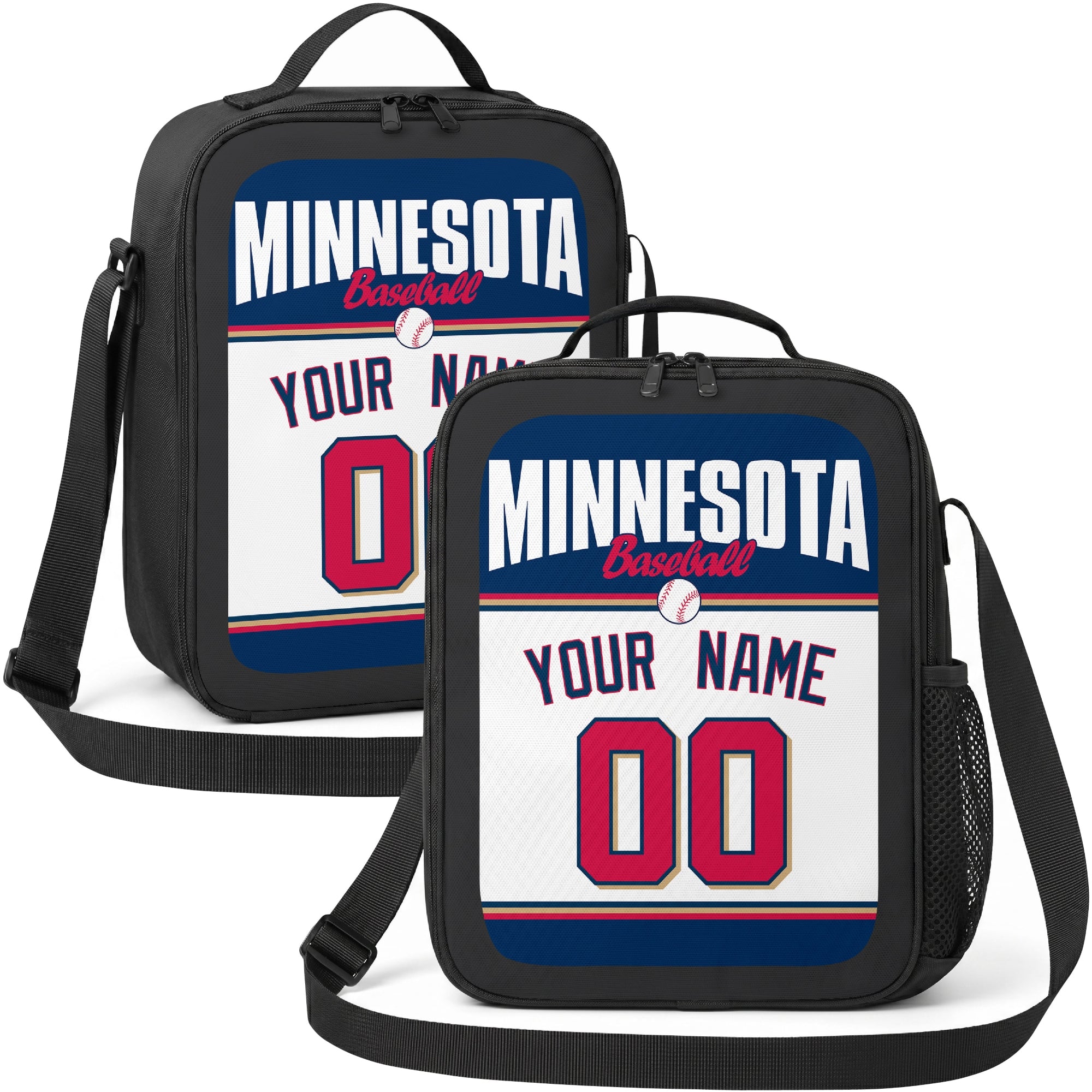Minnesota personalized baseball lunch bag in navy red and white showing front and angled views with custom name and number