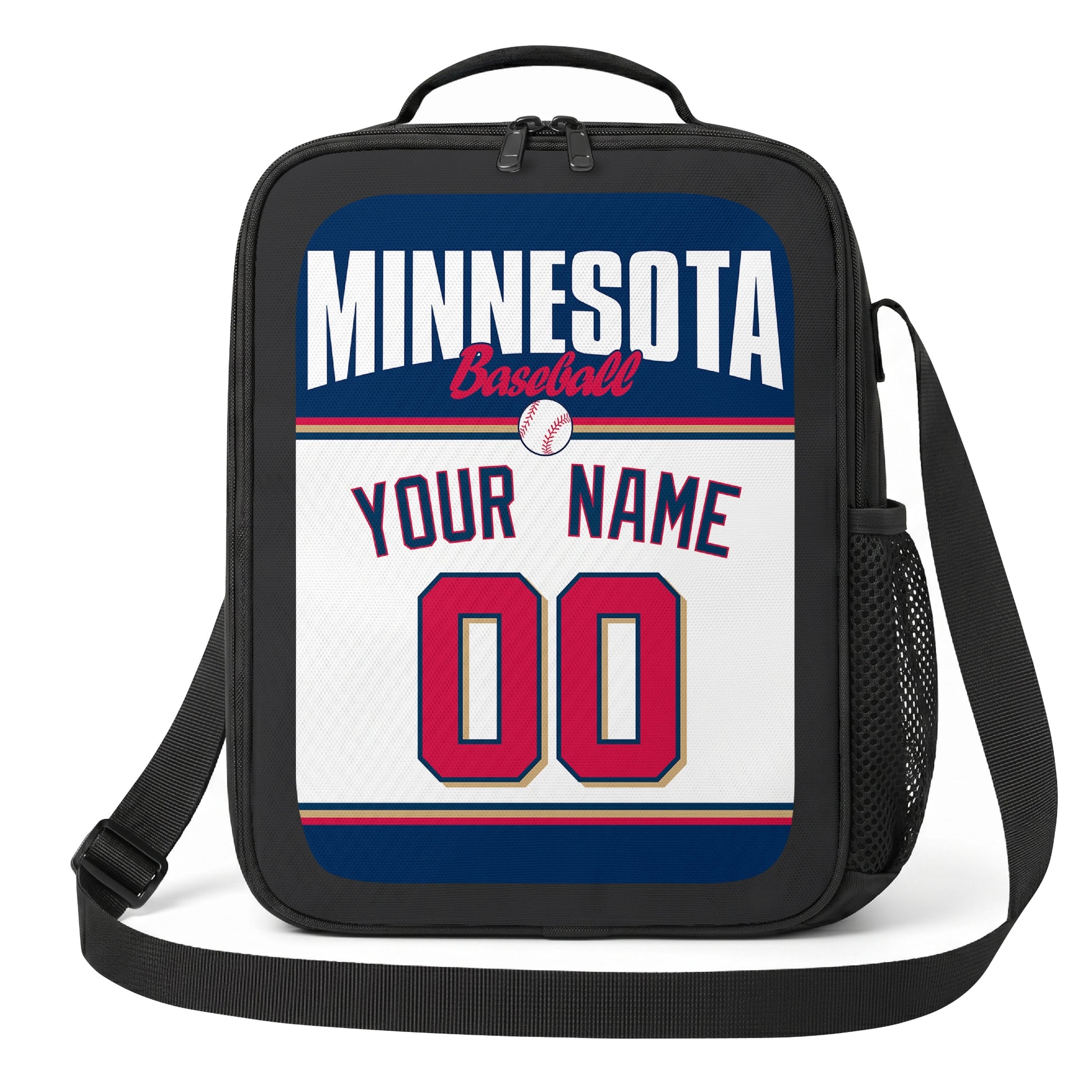 Minnesota navy red and white personalized baseball lunch bag angled front view with city lettering and custom name number