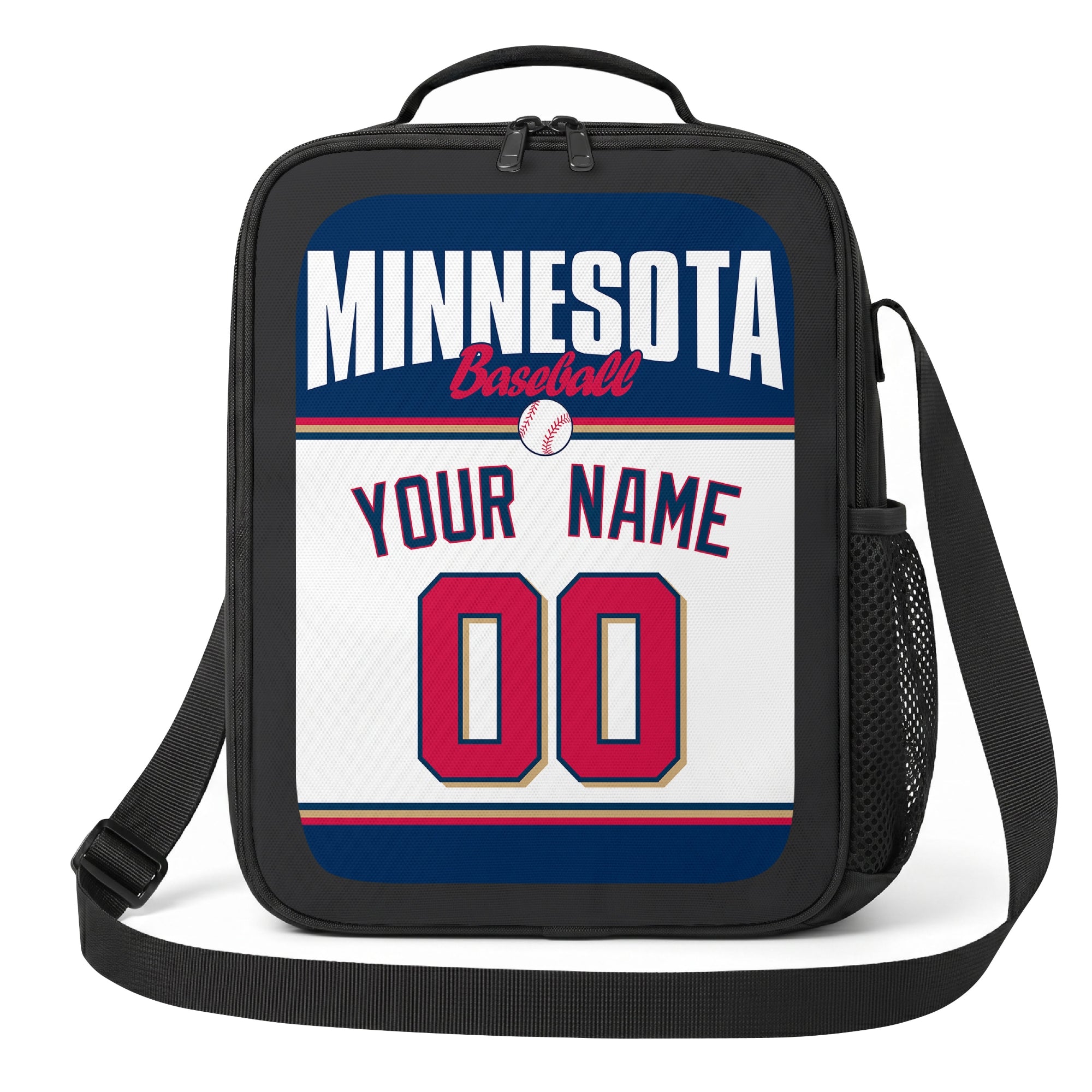Minnesota navy red and white personalized baseball lunch bag angled front view with city lettering and custom name number