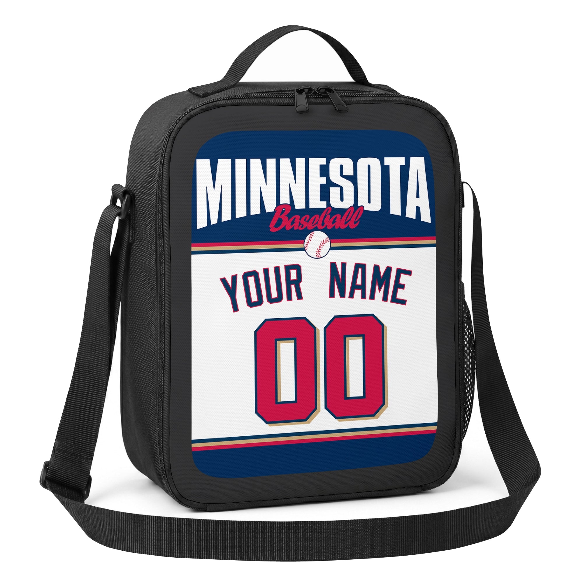Minnesota navy red and white personalized baseball lunch bag alternate angle with side mesh pocket top handle and shoulder strap