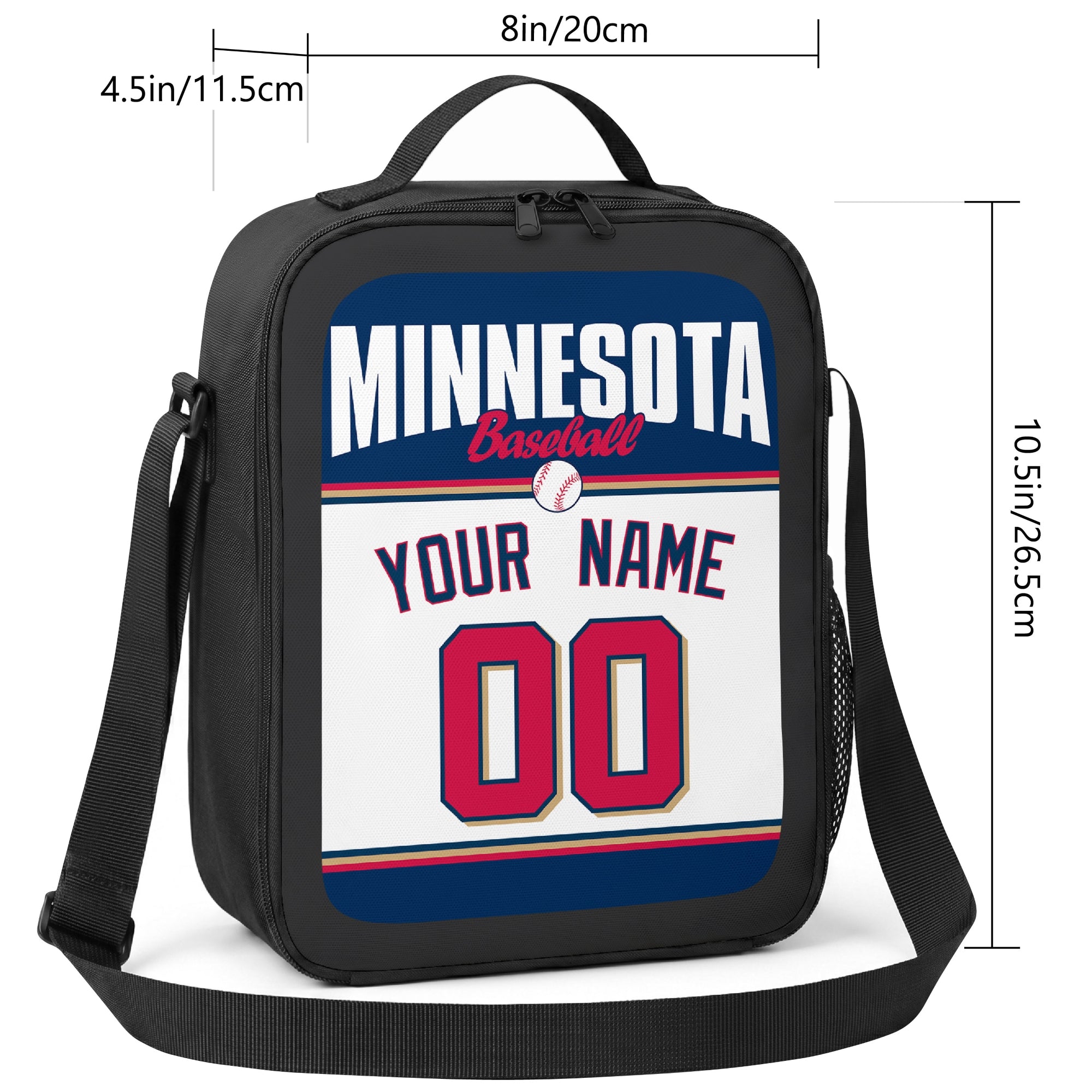 Minnesota personalized baseball lunch bag size guide showing 8 by 4.5 by 10.5 inch dimensions