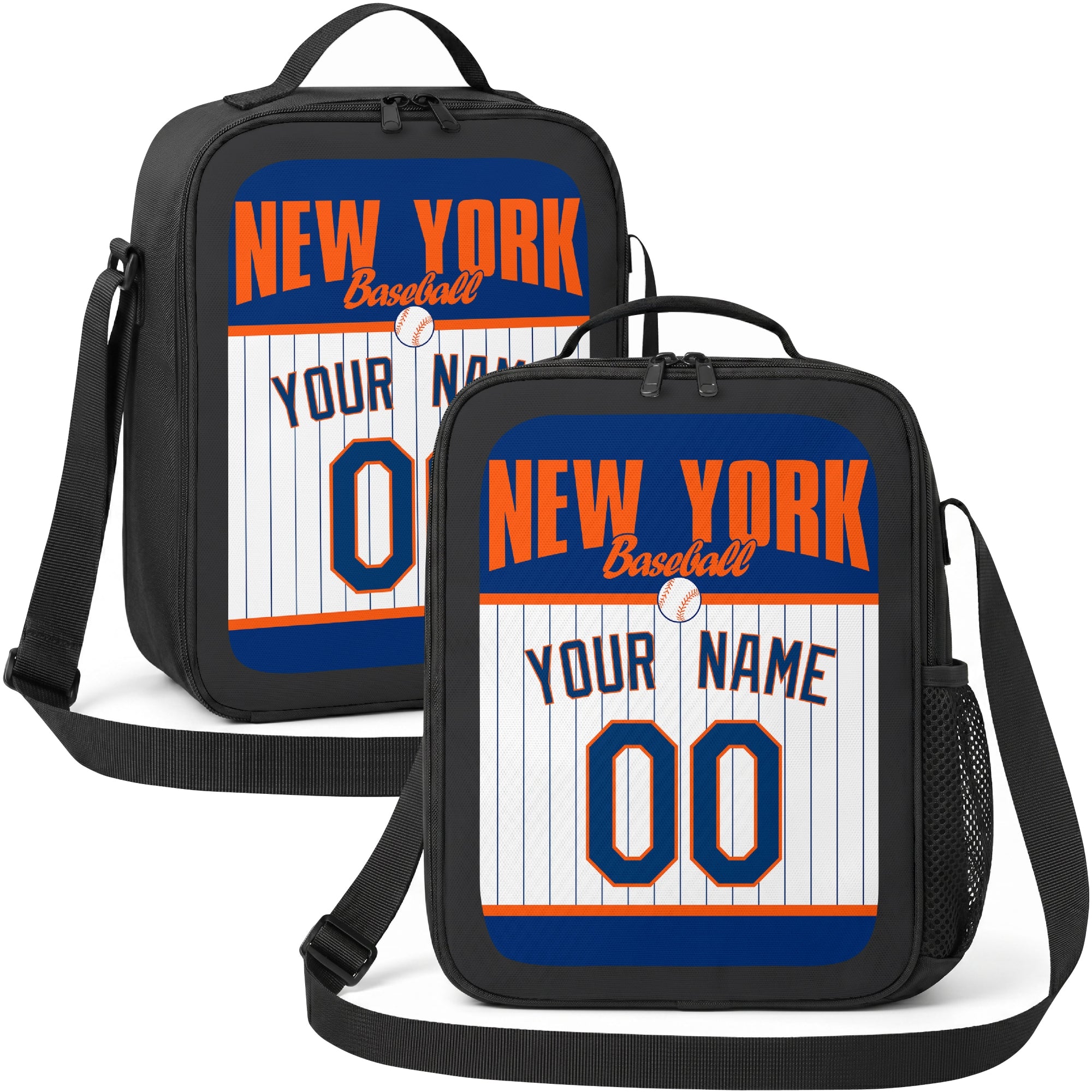 New York Orange and Blue personalized baseball lunch bag in navy orange and white showing front and angled views with custom name and number