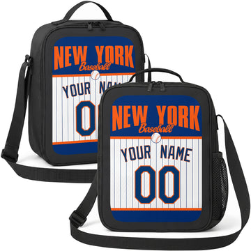 New York Orange and Blue personalized baseball lunch bag in navy orange and white showing front and angled views with custom name and number