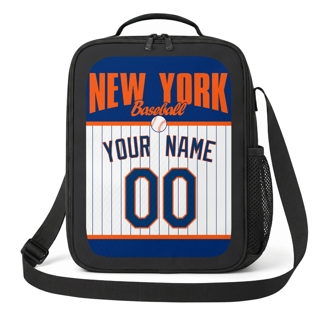 New York Orange and Blue personalized baseball lunch bag in navy orange and white showing front and angled views with custom name and number