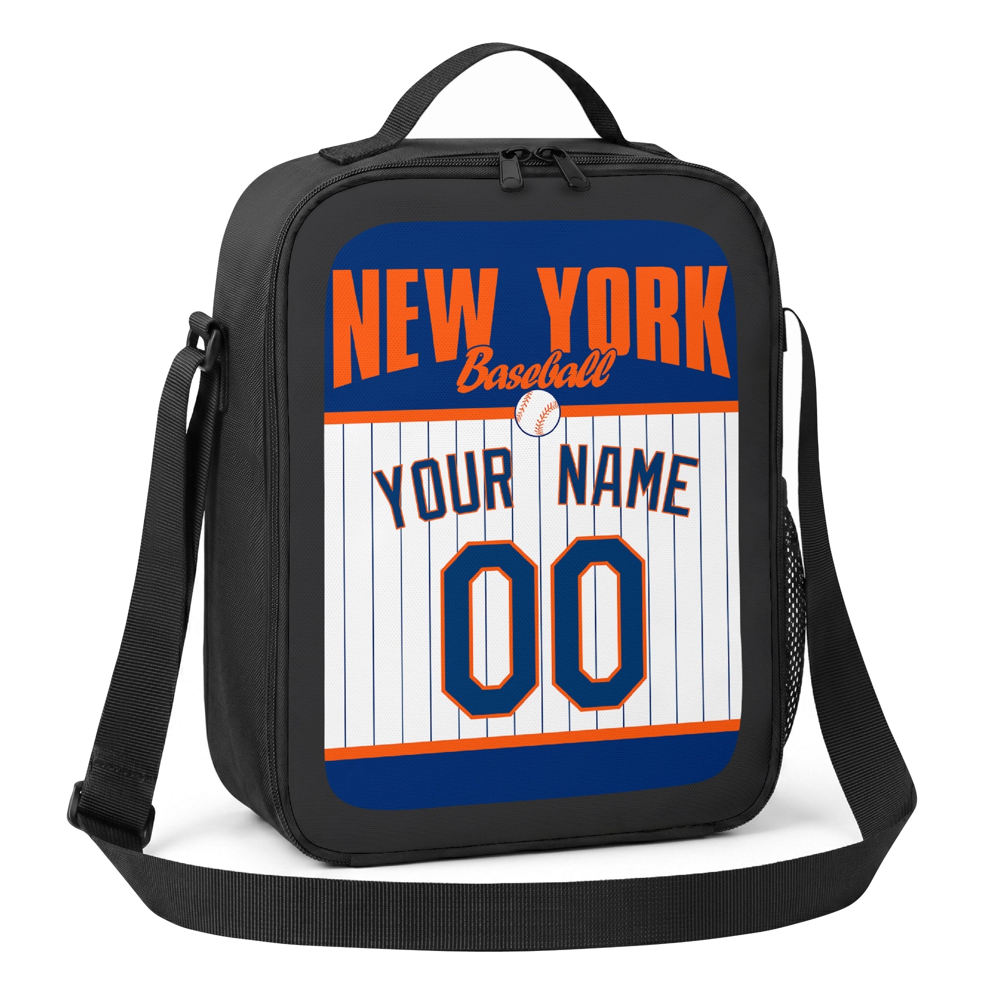 New York Orange and Blue navy orange and white personalized baseball lunch bag alternate angle with side mesh pocket top handle and shoulder strap