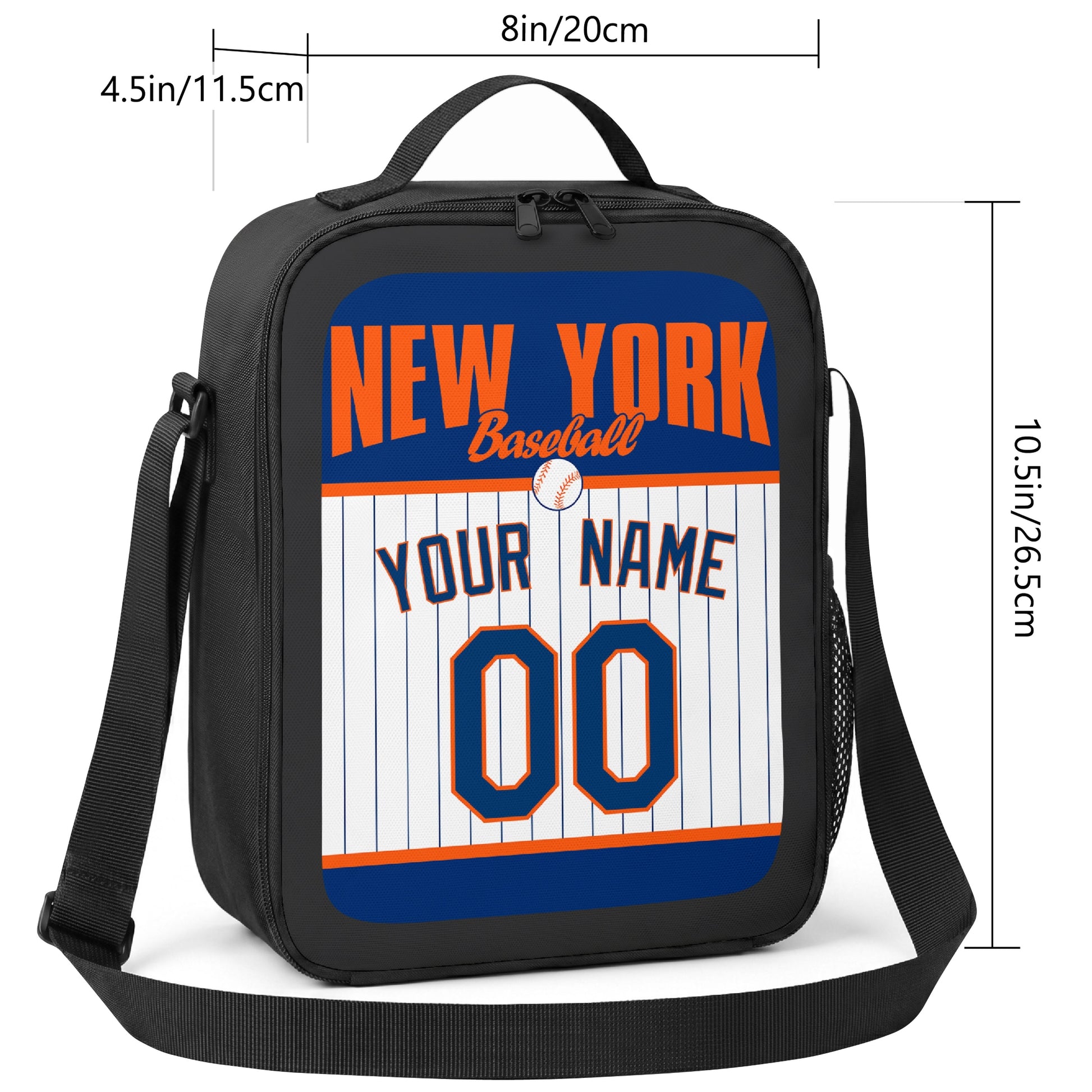 New York Orange and Blue personalized baseball lunch bag size guide showing 8 by 4.5 by 10.5 inch dimensions