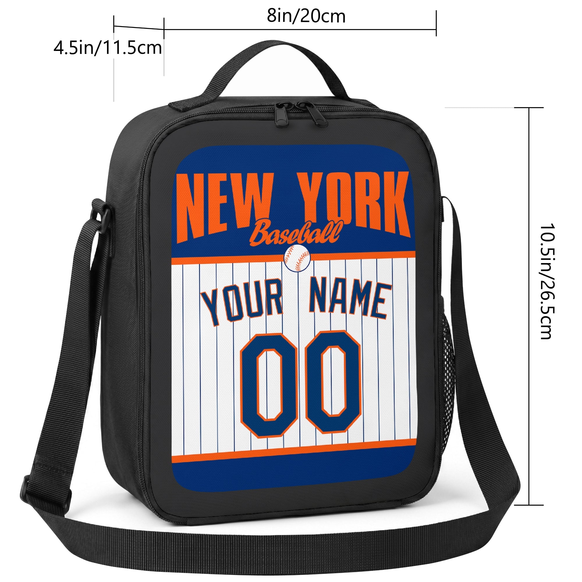 New York Orange and Blue personalized baseball lunch bag size guide showing 8 by 4.5 by 10.5 inch dimensions