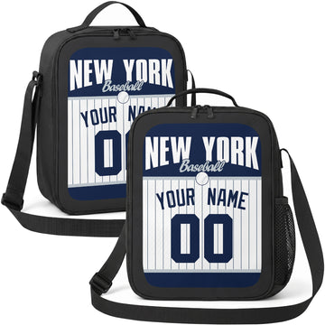 New York Navy and White personalized baseball lunch bag in navy and white showing front and angled views with custom name and number
