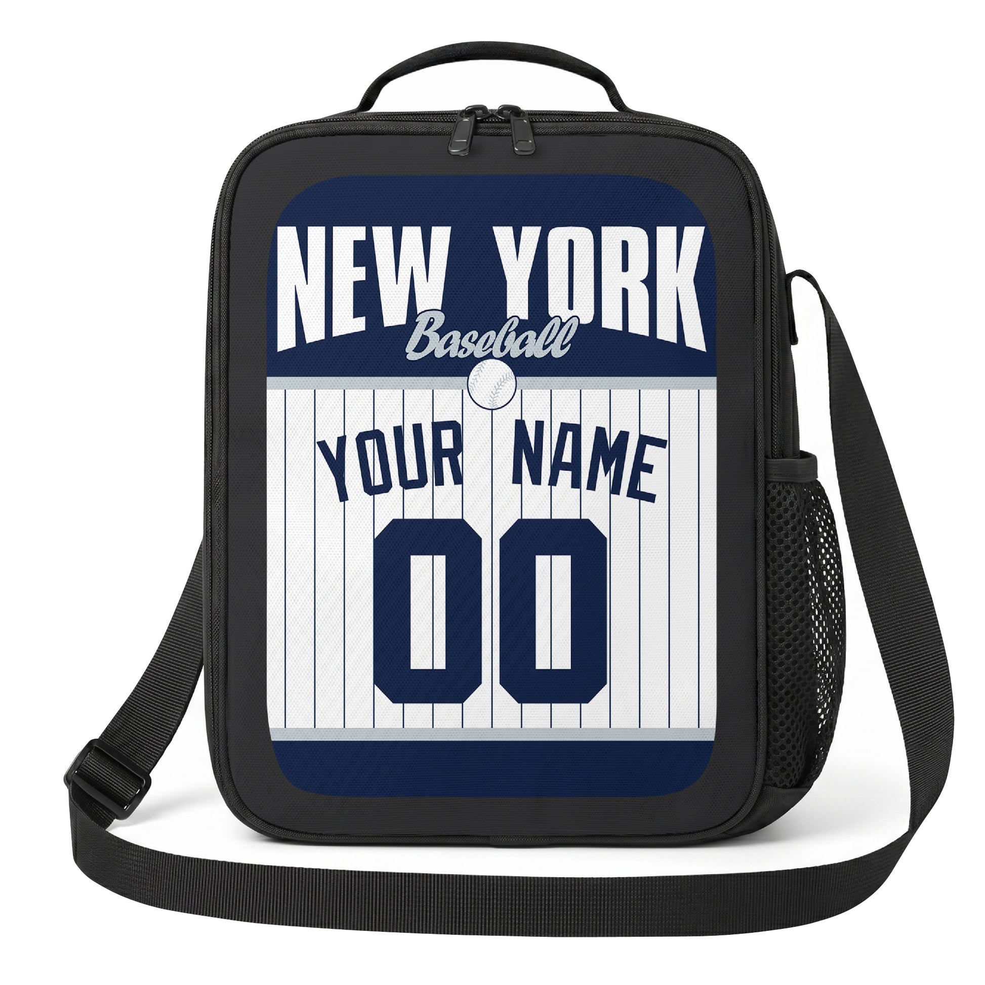 New York Navy and White navy and white personalized baseball lunch bag angled front view with city lettering and custom name number