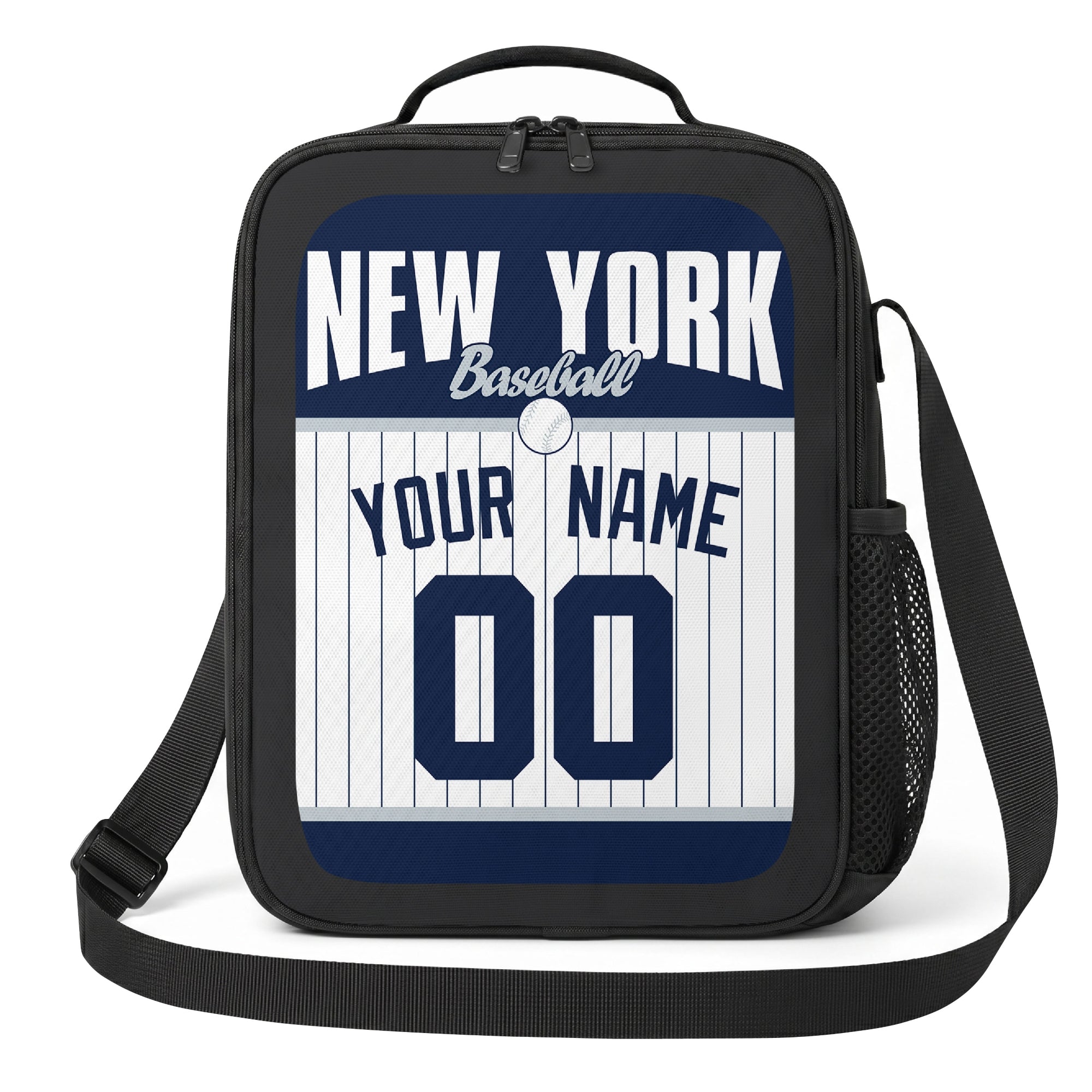 New York Navy and White navy and white personalized baseball lunch bag angled front view with city lettering and custom name number