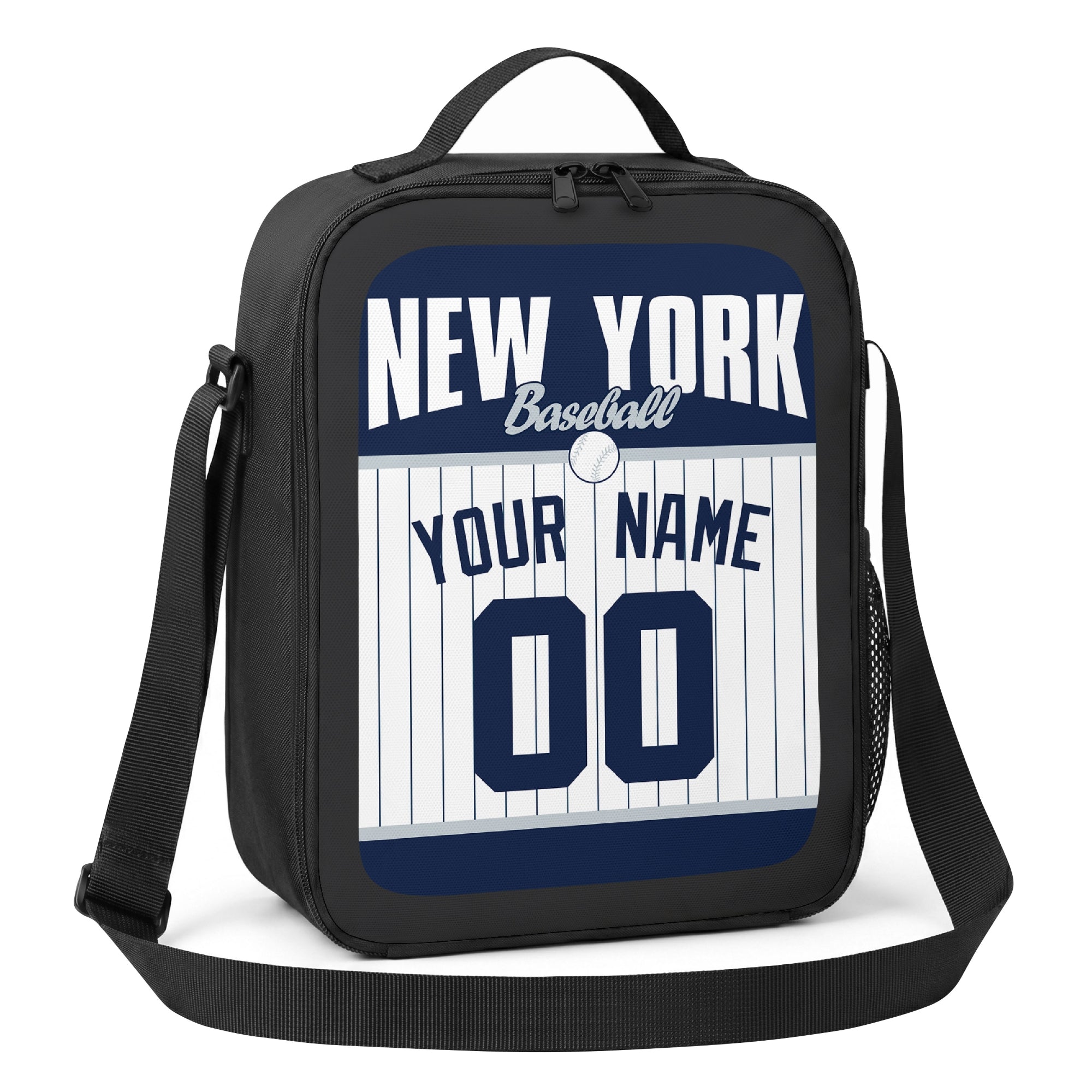 New York Navy and White navy and white personalized baseball lunch bag alternate angle with side mesh pocket top handle and shoulder strap