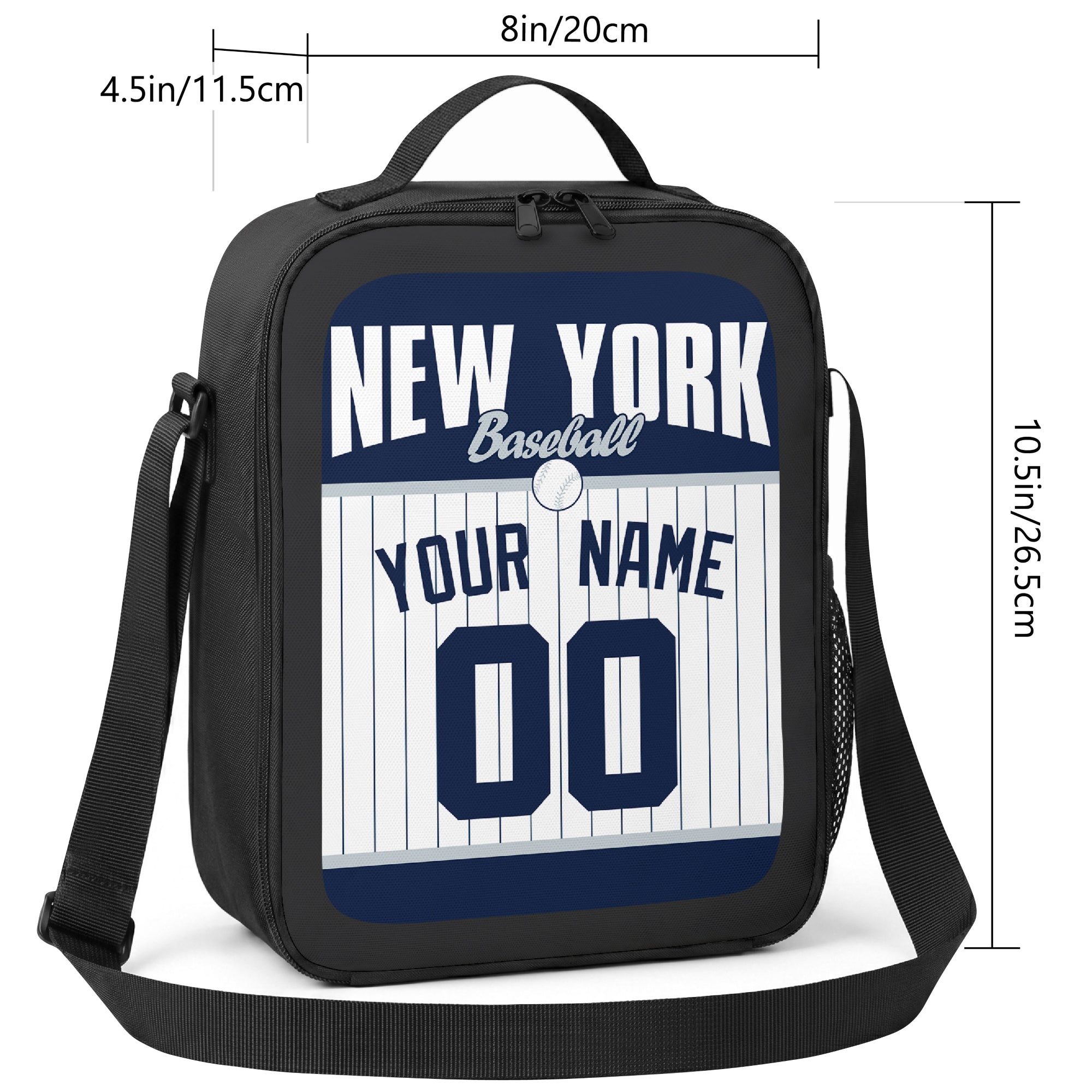 New York Navy and White personalized baseball lunch bag size guide showing 8 by 4.5 by 10.5 inch dimensions