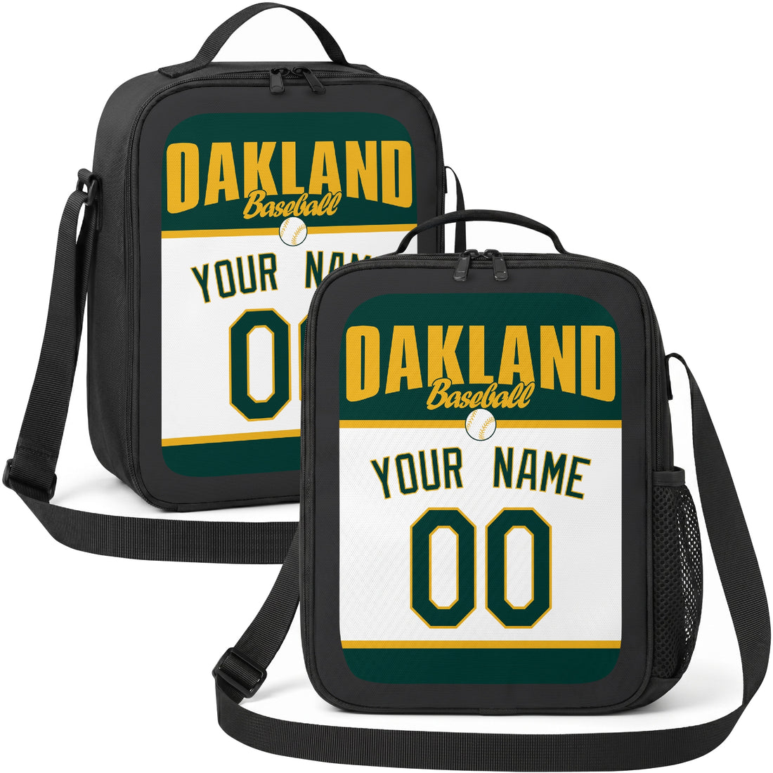 Oakland personalized baseball lunch bag in dark green gold and white showing front and angled views with custom name and number