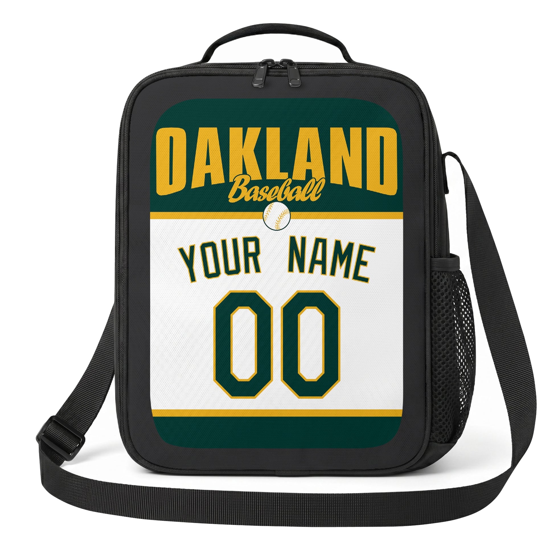 Oakland dark green gold and white personalized baseball lunch bag angled front view with city lettering and custom name number