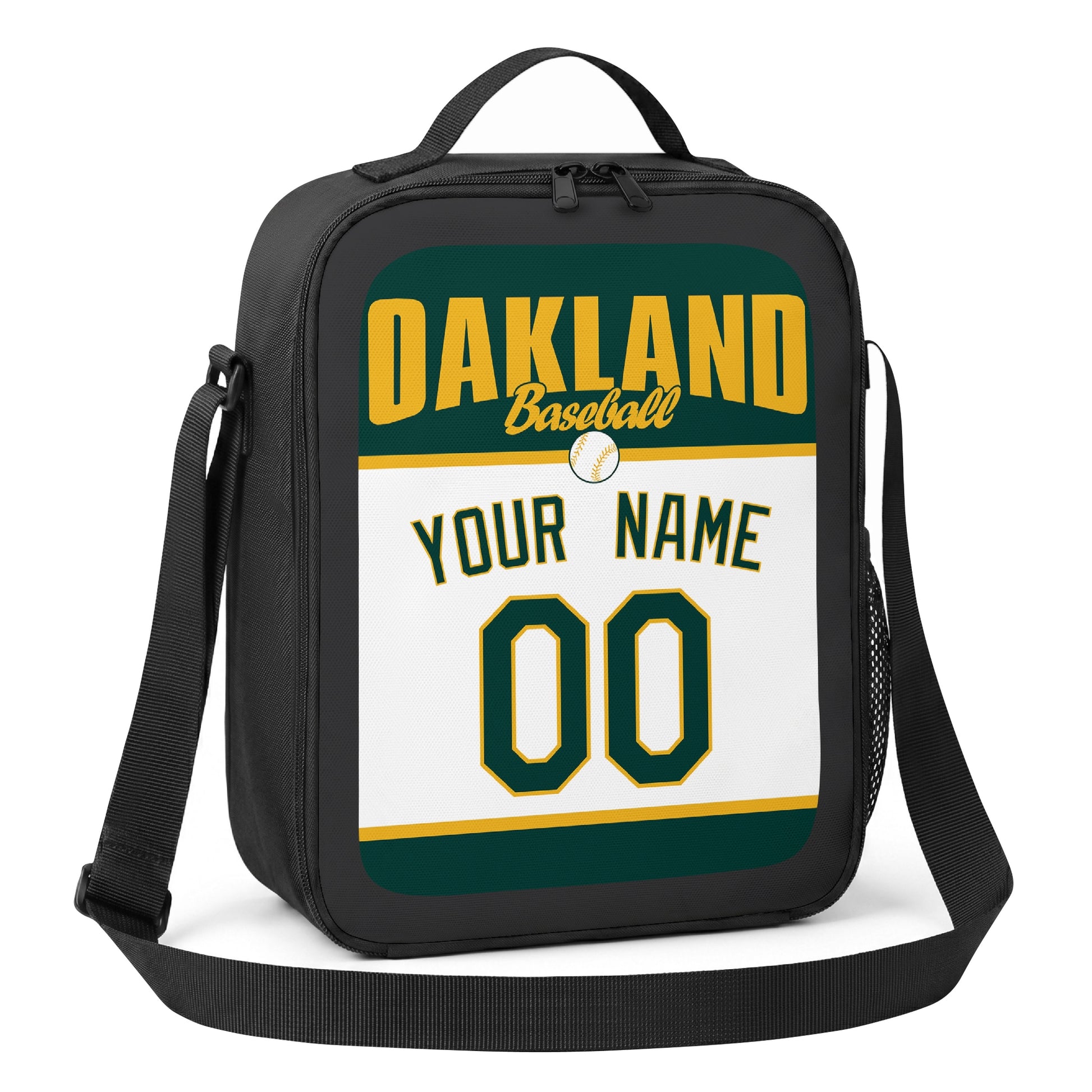 Oakland dark green gold and white personalized baseball lunch bag alternate angle with side mesh pocket top handle and shoulder strap
