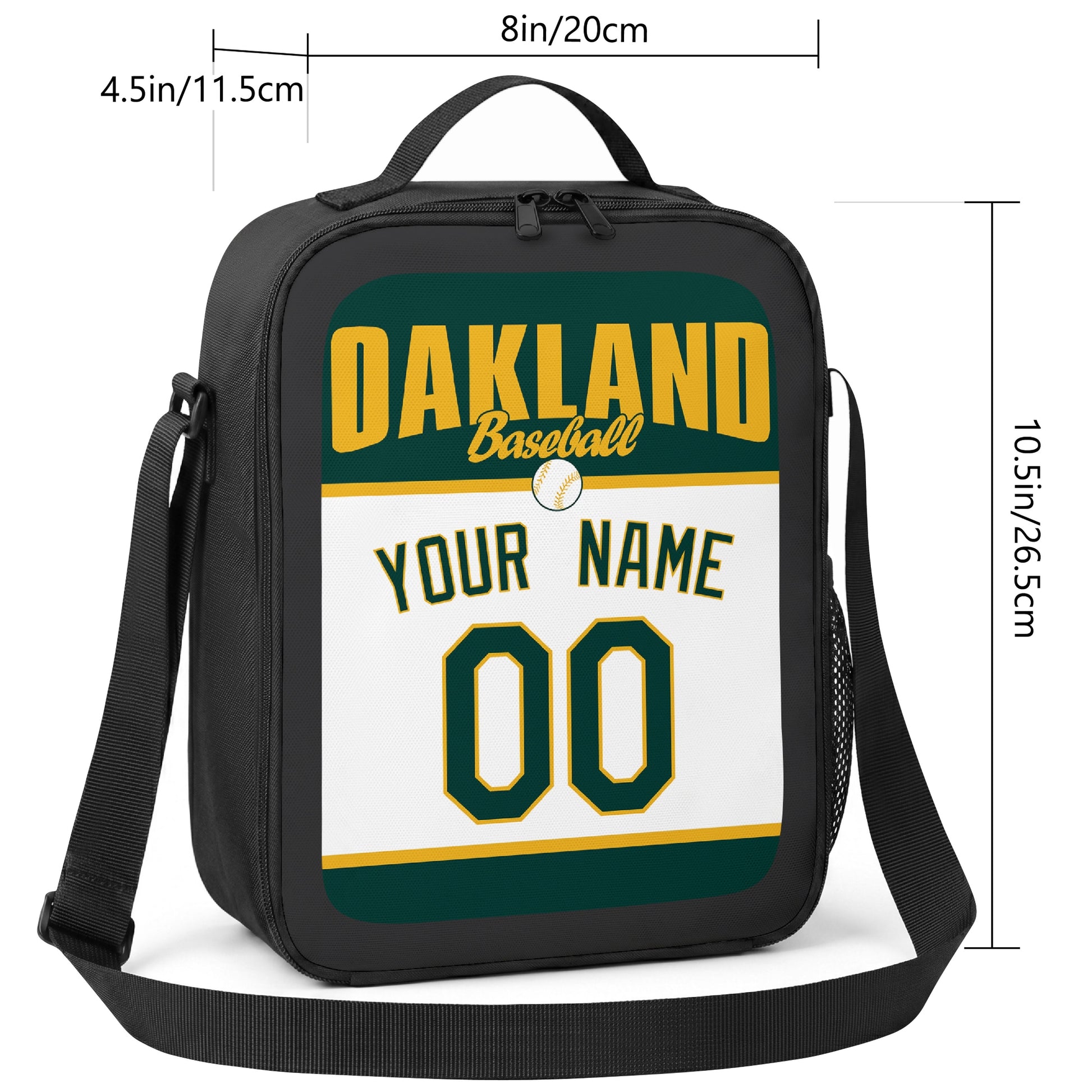 Oakland personalized baseball lunch bag size guide showing 8 by 4.5 by 10.5 inch dimensions