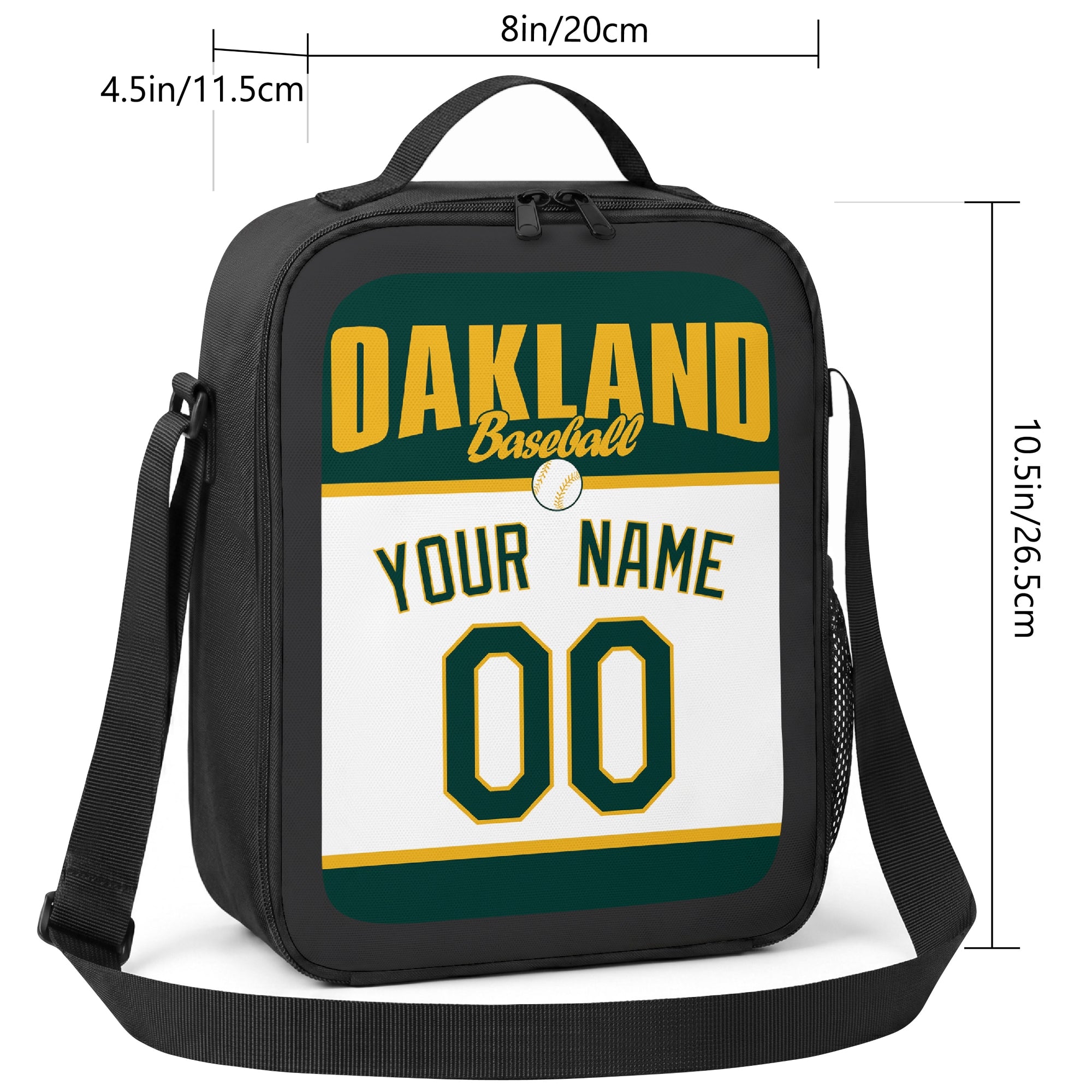 Oakland personalized baseball lunch bag size guide showing 8 by 4.5 by 10.5 inch dimensions