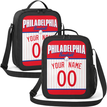 Philadelphia personalized baseball lunch bag in red white and blue showing front and angled views with custom name and number