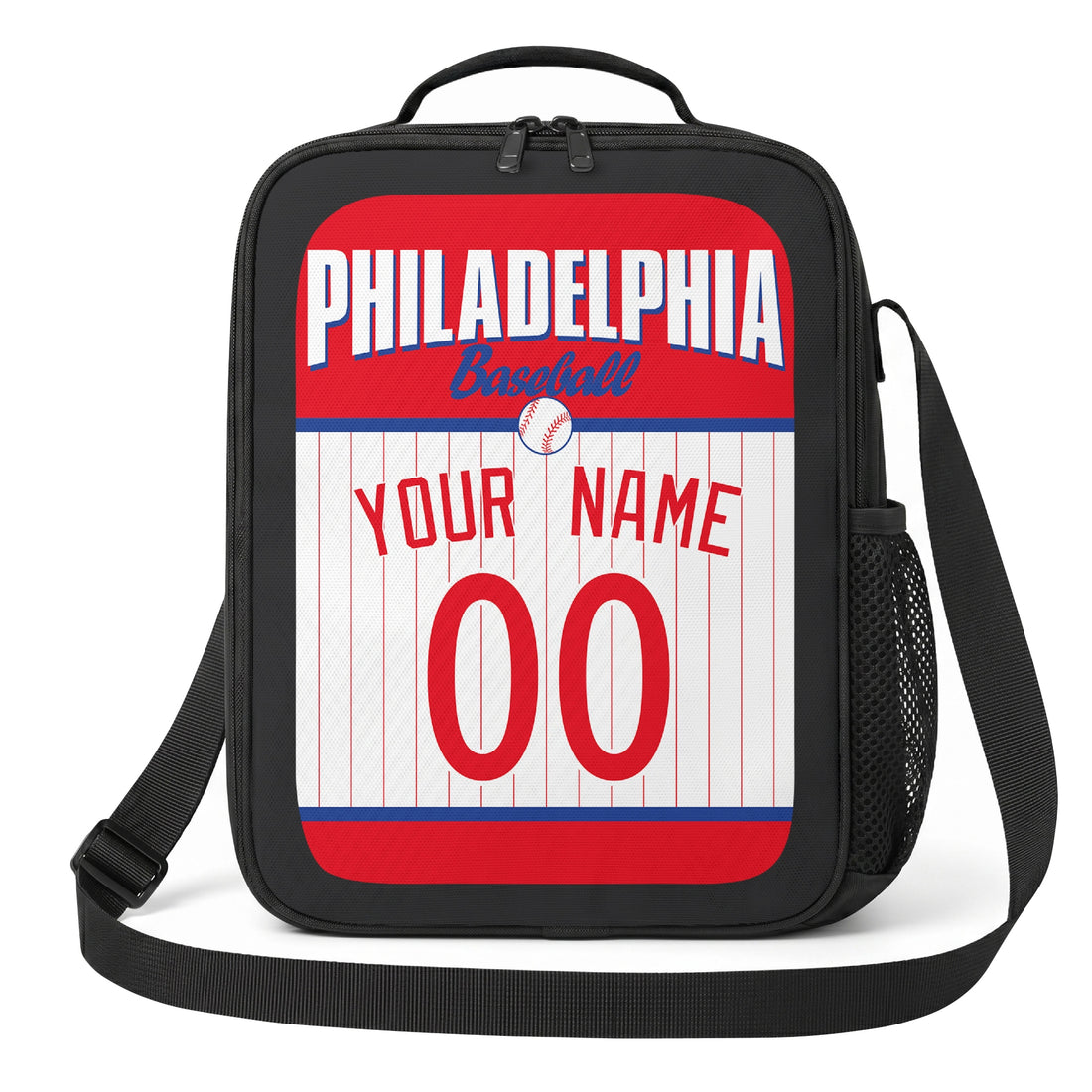 Philadelphia personalized baseball lunch bag in red white and blue showing front and angled views with custom name and number