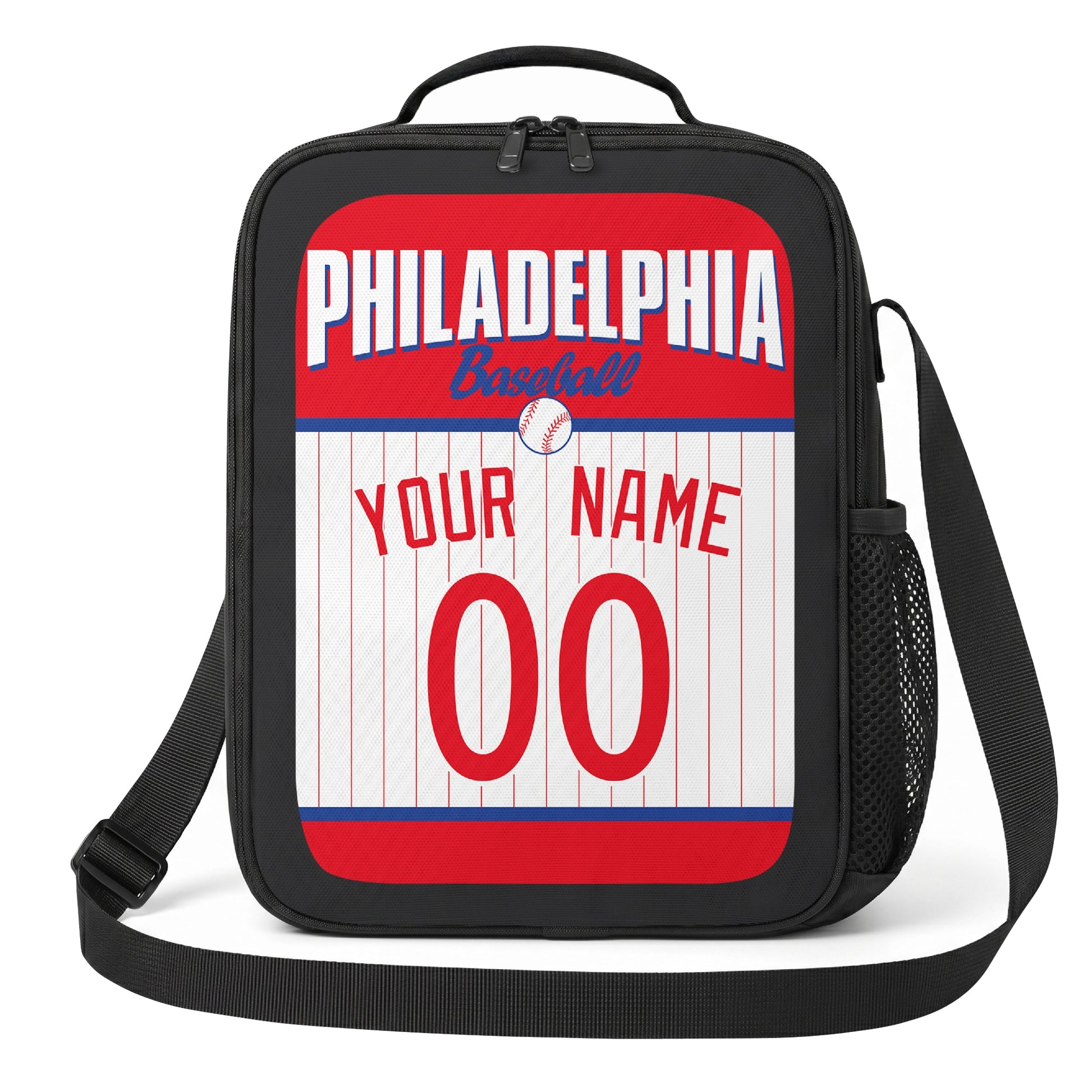 Philadelphia red white and blue personalized baseball lunch bag angled front view with city lettering and custom name number