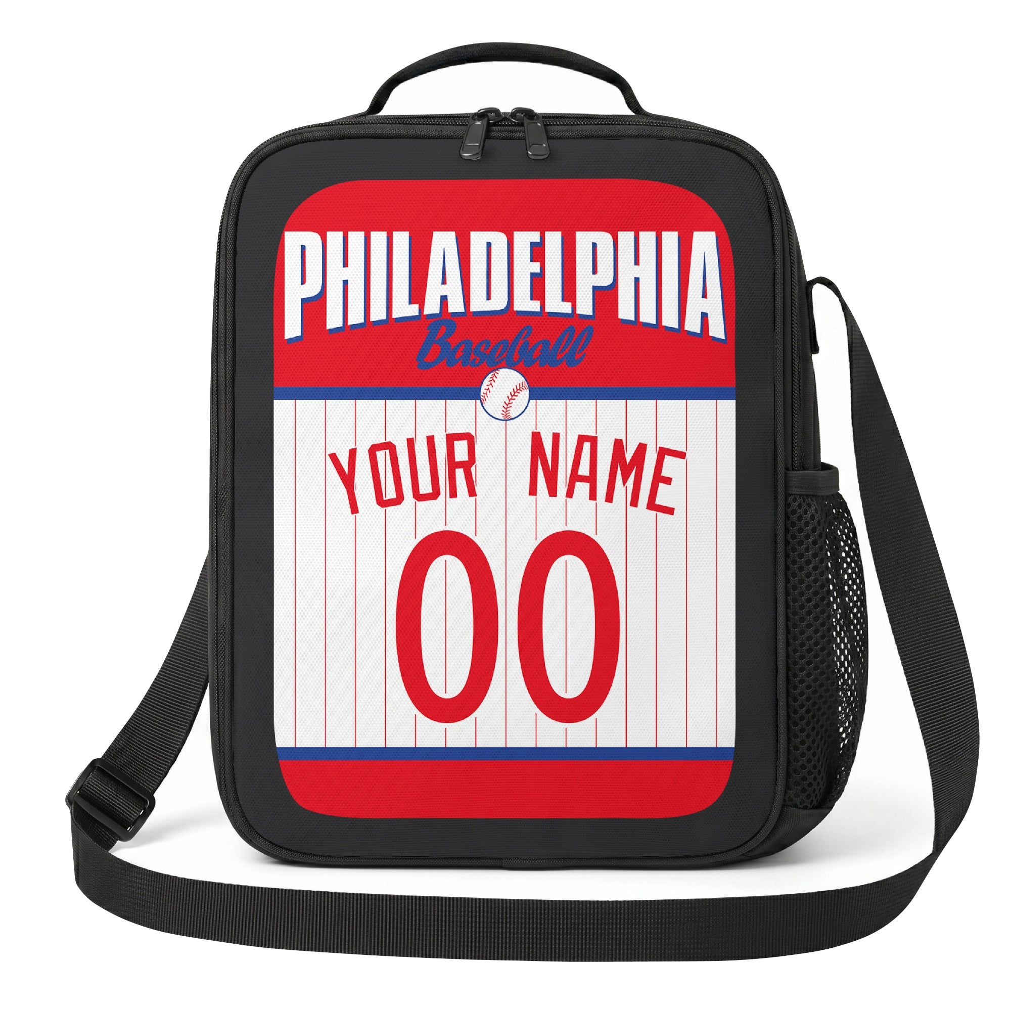 Philadelphia red white and blue personalized baseball lunch bag angled front view with city lettering and custom name number