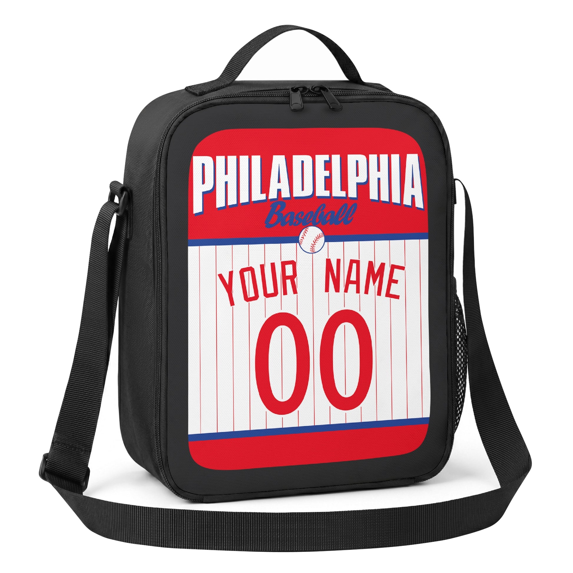 Philadelphia red white and blue personalized baseball lunch bag alternate angle with side mesh pocket top handle and shoulder strap