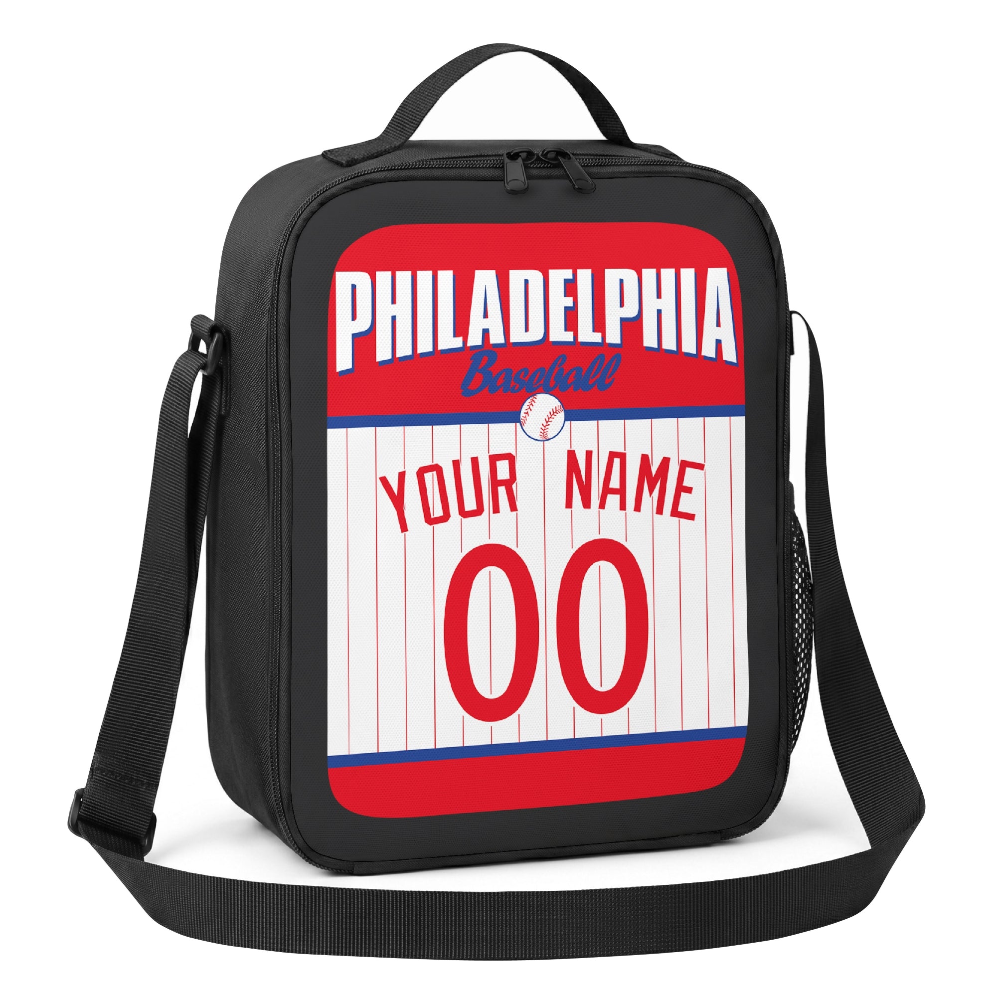 Philadelphia red white and blue personalized baseball lunch bag alternate angle with side mesh pocket top handle and shoulder strap