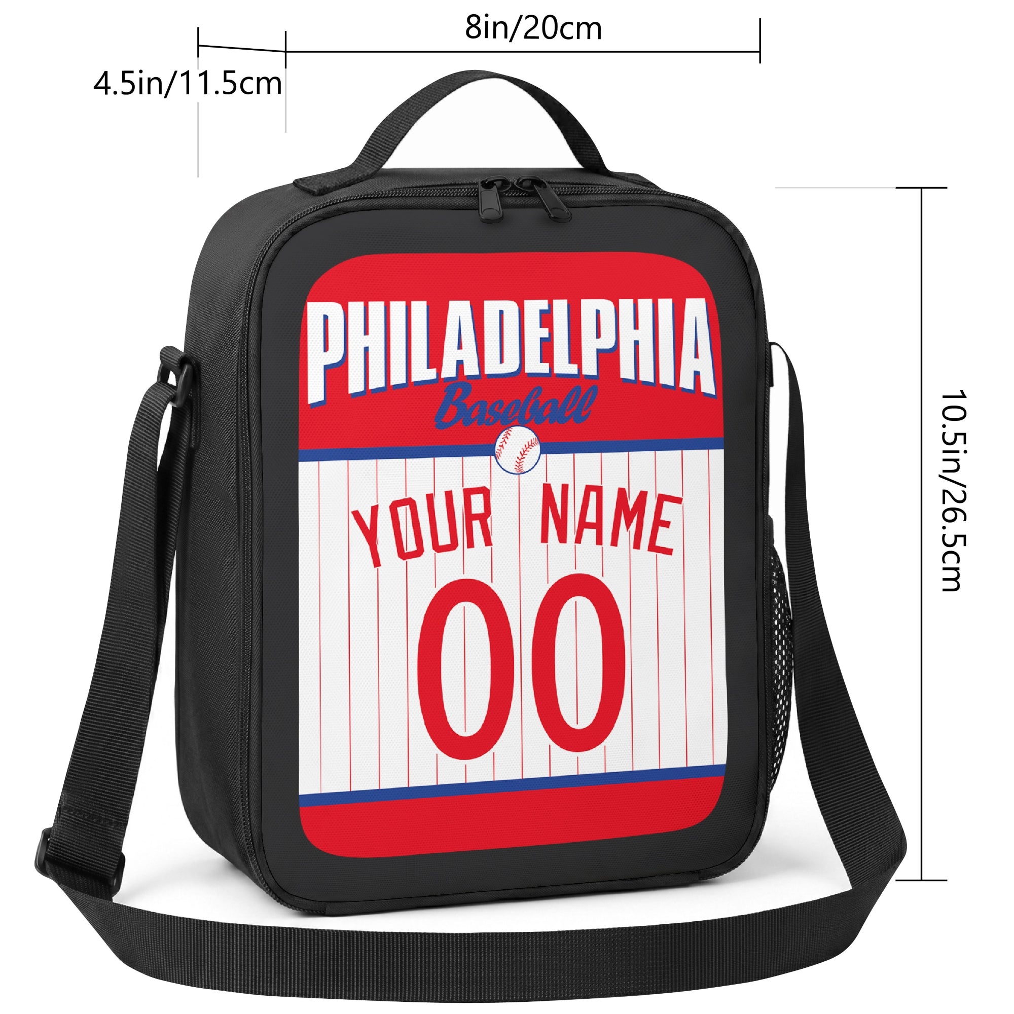 Philadelphia personalized baseball lunch bag size guide showing 8 by 4.5 by 10.5 inch dimensions