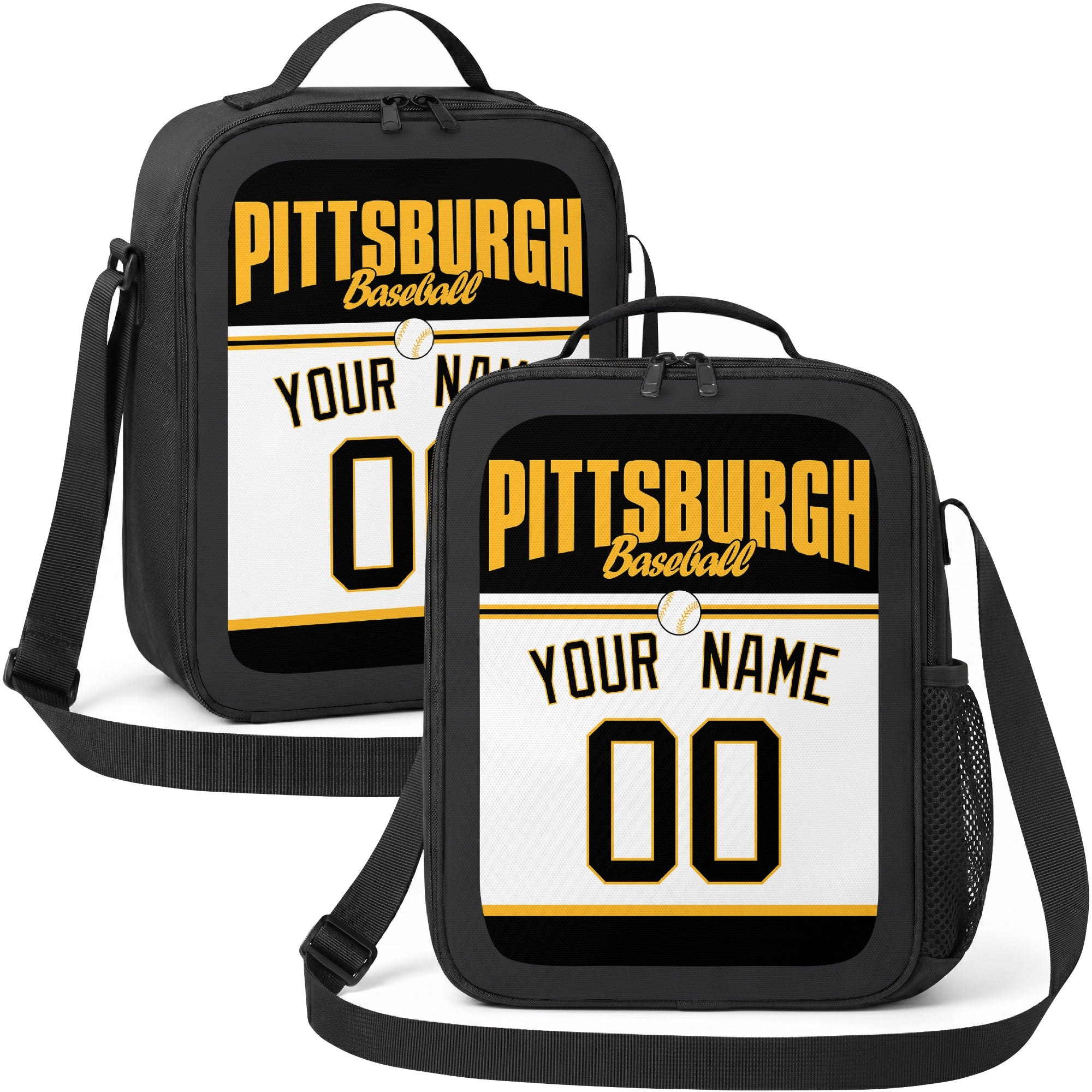 Pittsburgh personalized baseball lunch bag in black gold and white showing front and angled views with custom name and number