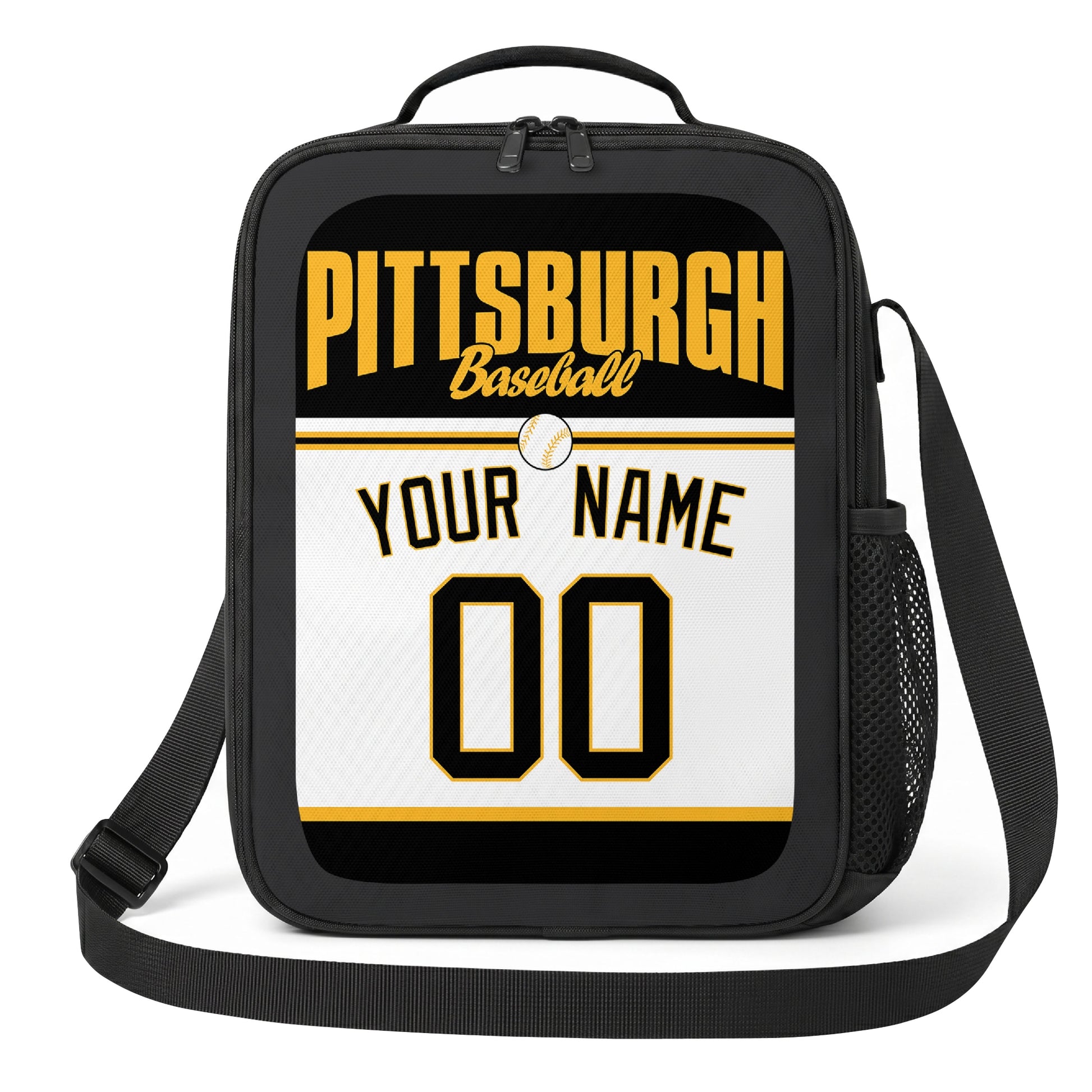 Pittsburgh black gold and white personalized baseball lunch bag angled front view with city lettering and custom name number