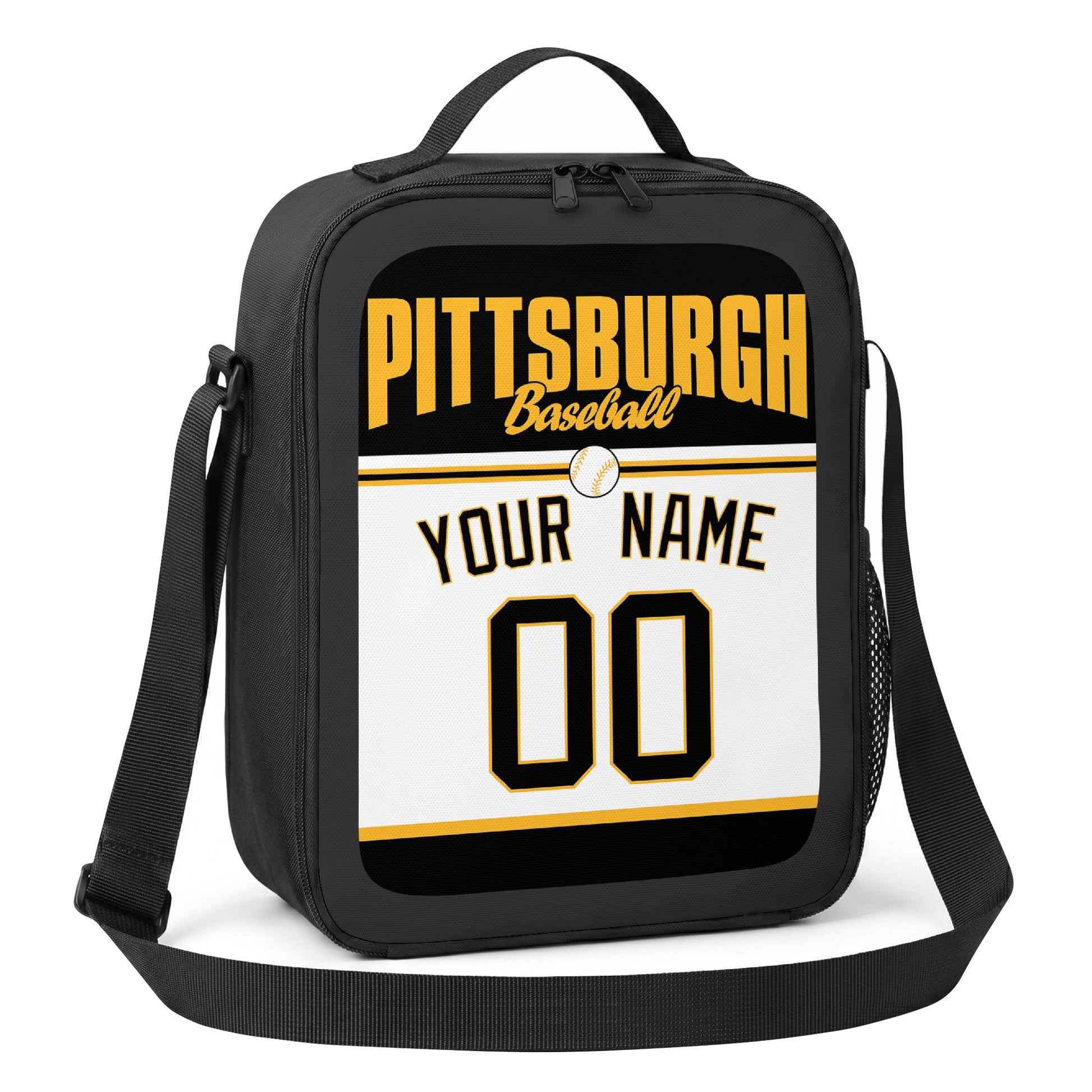 Pittsburgh black gold and white personalized baseball lunch bag alternate angle with side mesh pocket top handle and shoulder strap