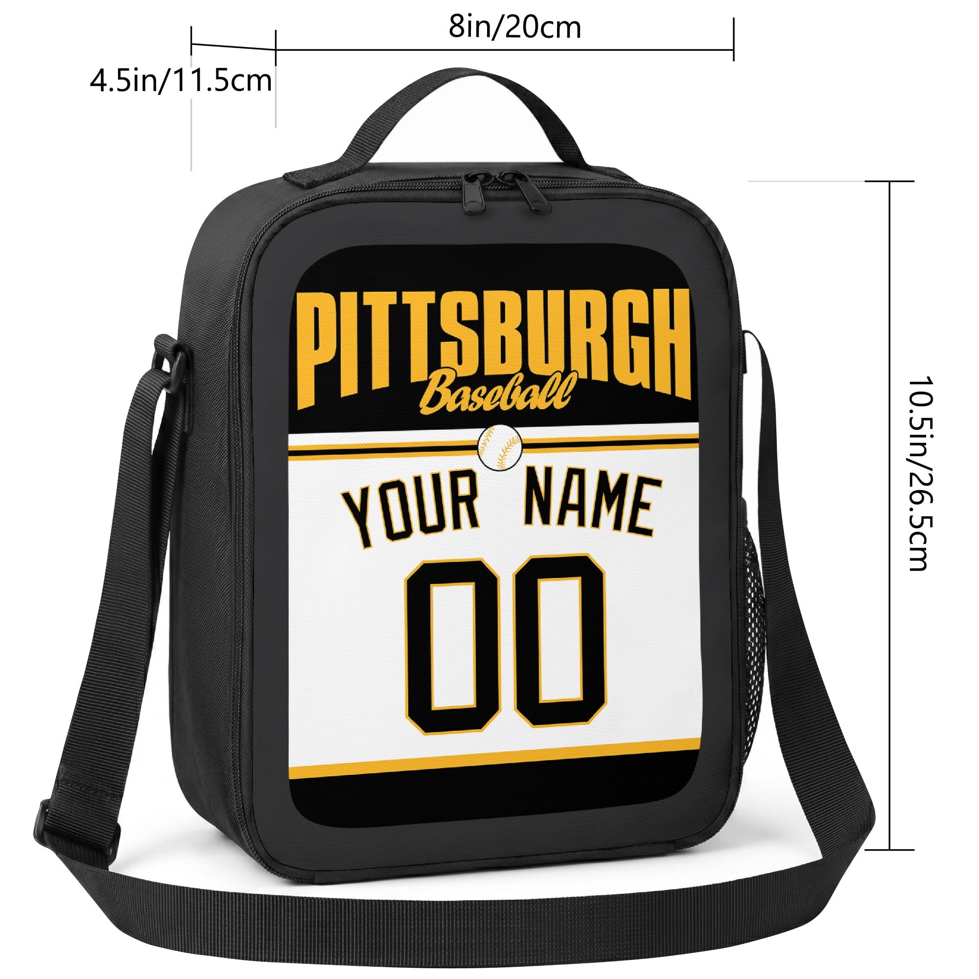 Pittsburgh personalized baseball lunch bag size guide showing 8 by 4.5 by 10.5 inch dimensions