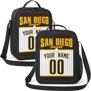 San Diego personalized baseball lunch bag in brown gold and white showing front and angled views with custom name and number