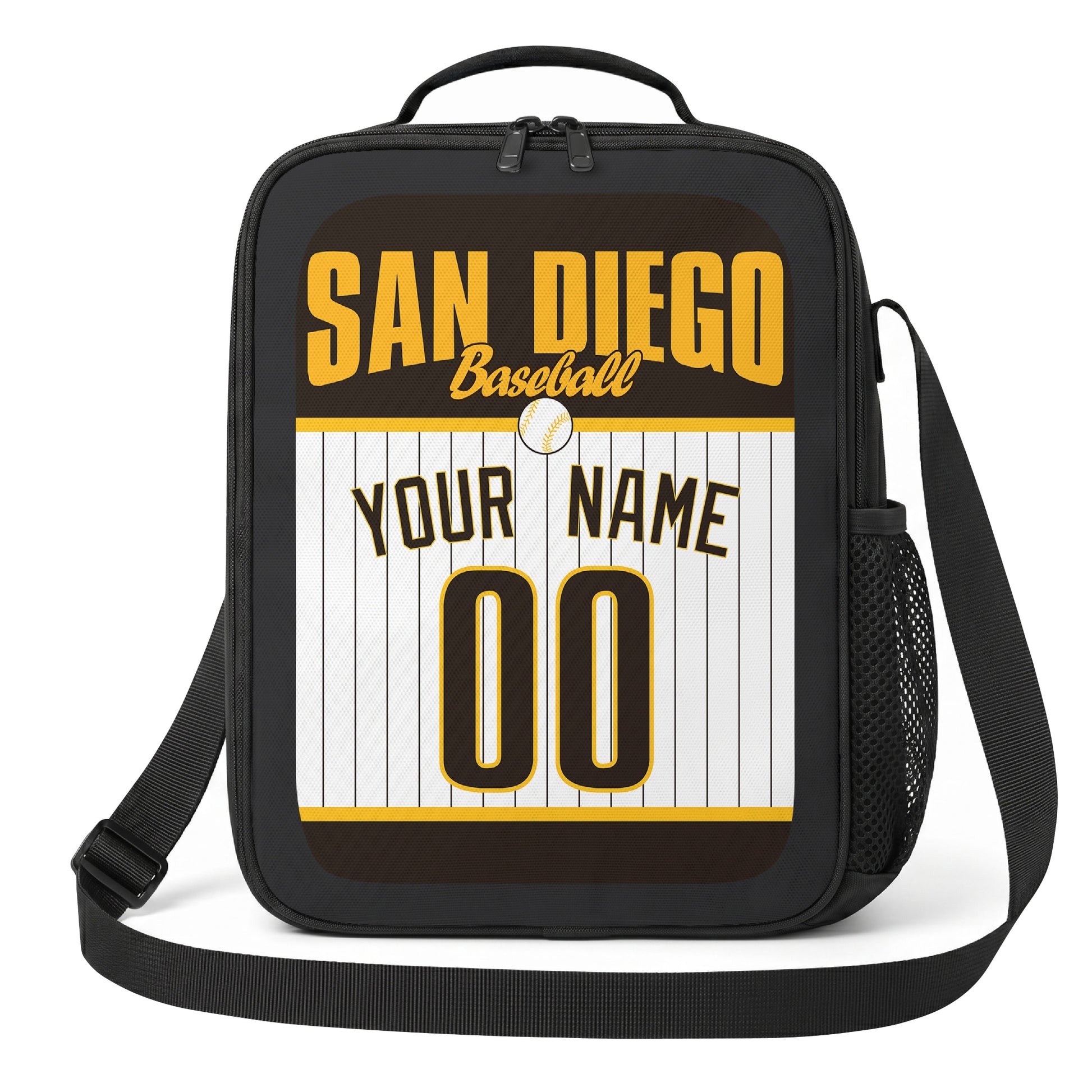 San Diego brown gold and white personalized baseball lunch bag angled front view with city lettering and custom name number