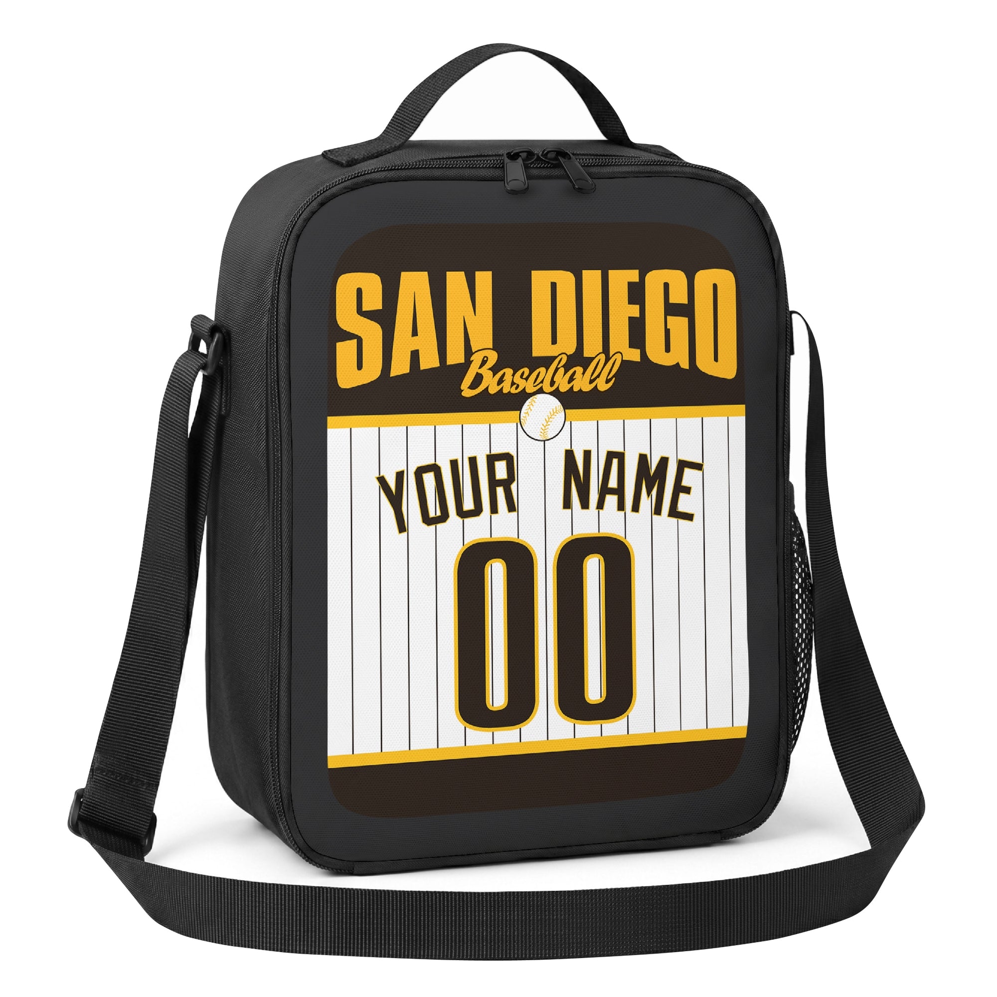 San Diego brown gold and white personalized baseball lunch bag alternate angle with side mesh pocket top handle and shoulder strap