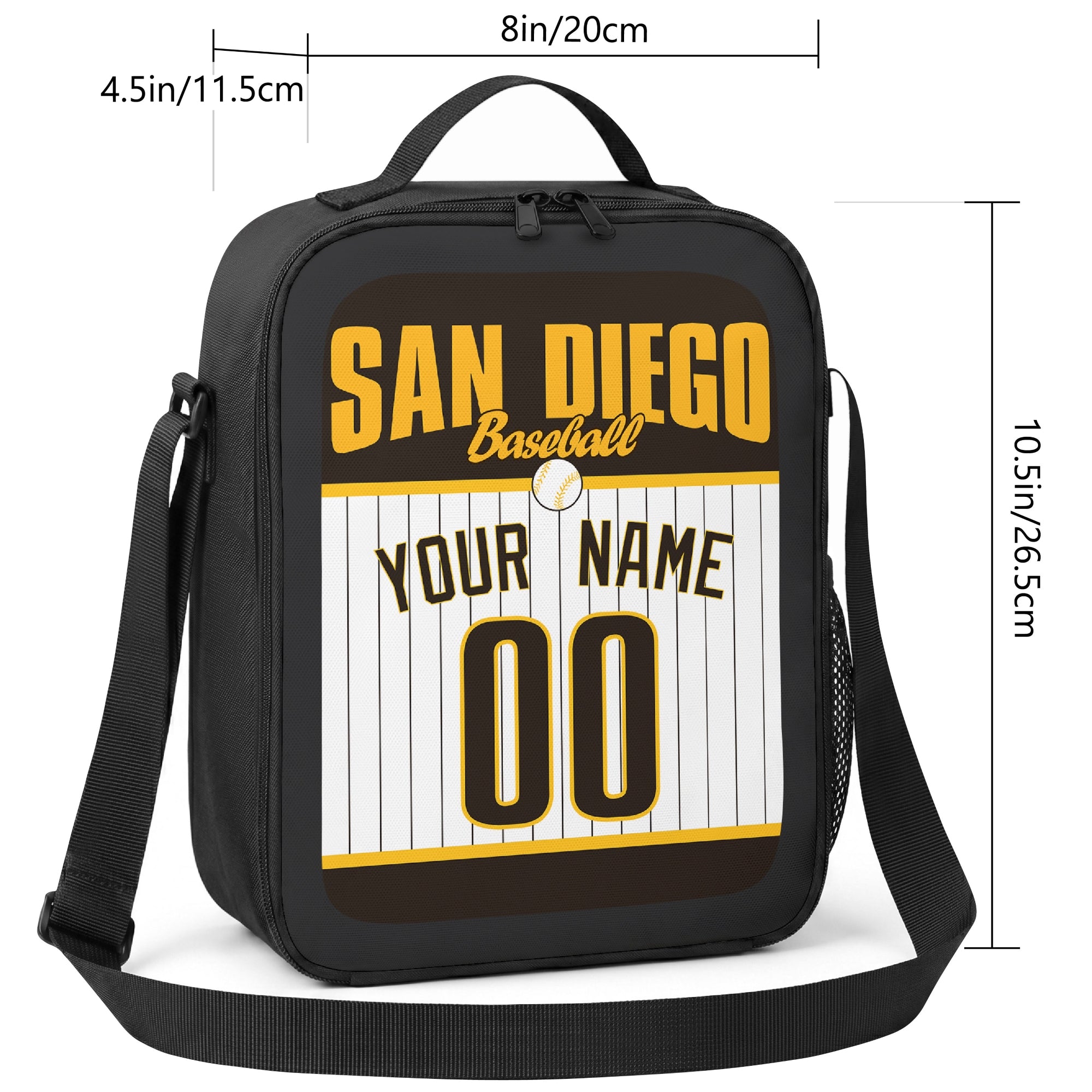 San Diego personalized baseball lunch bag size guide showing 8 by 4.5 by 10.5 inch dimensions