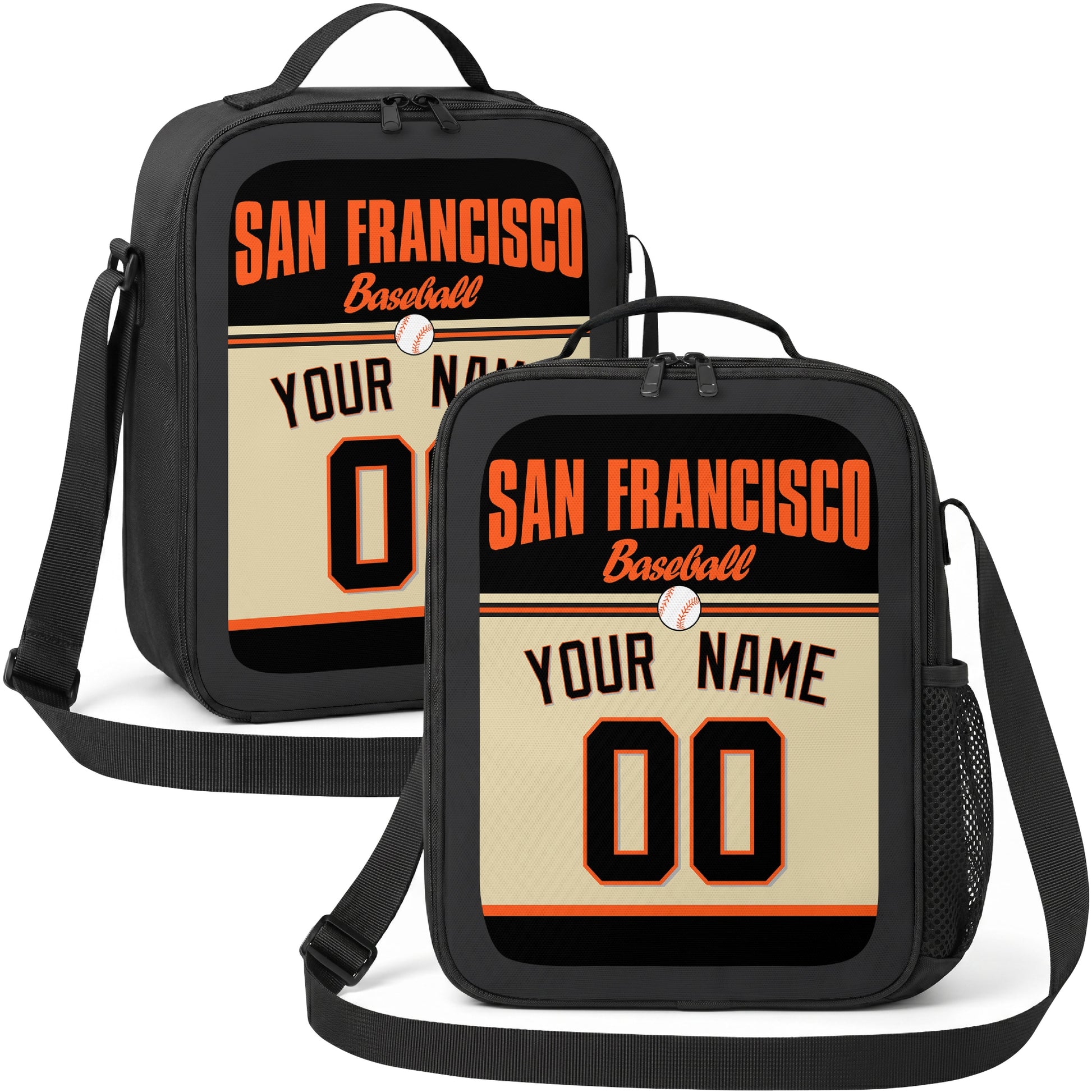 San Francisco personalized baseball lunch bag in black orange and cream showing front and angled views with custom name and number