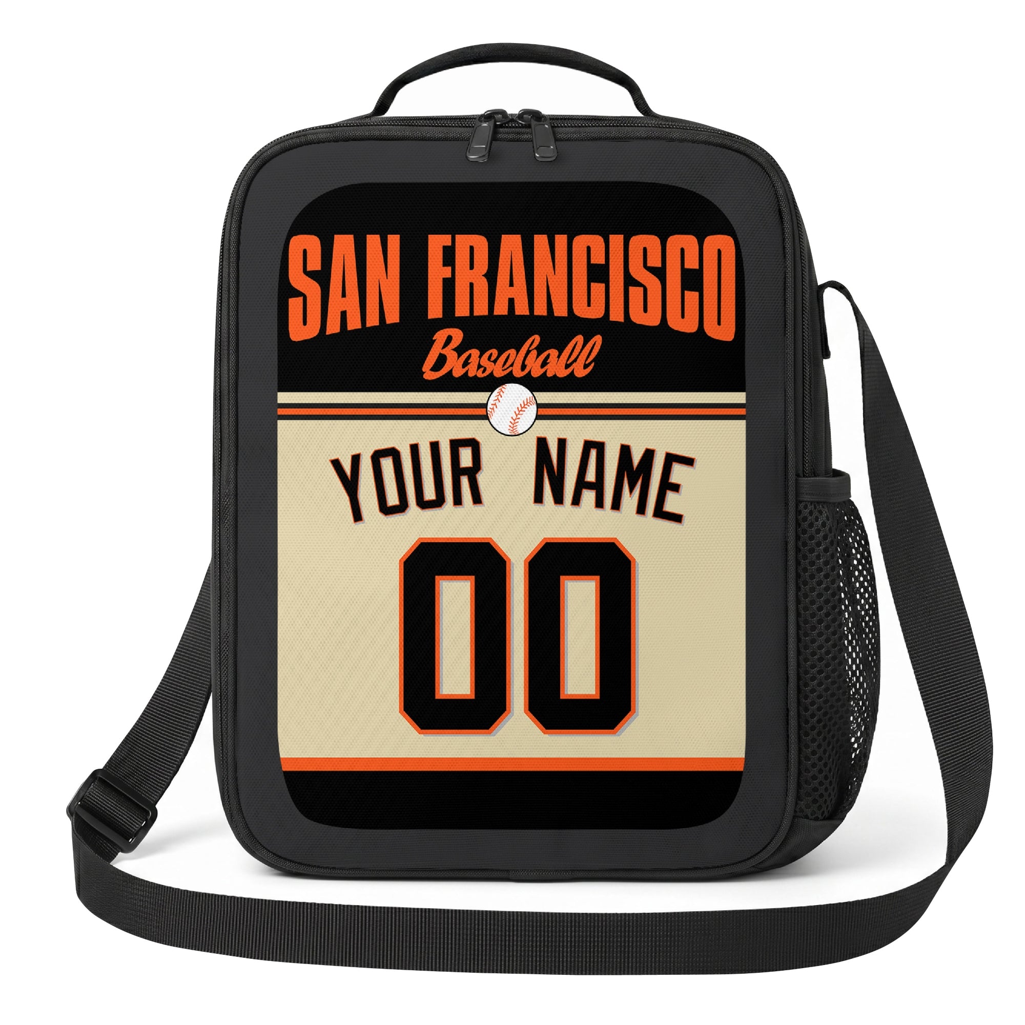 San Francisco black orange and cream personalized baseball lunch bag angled front view with city lettering and custom name number