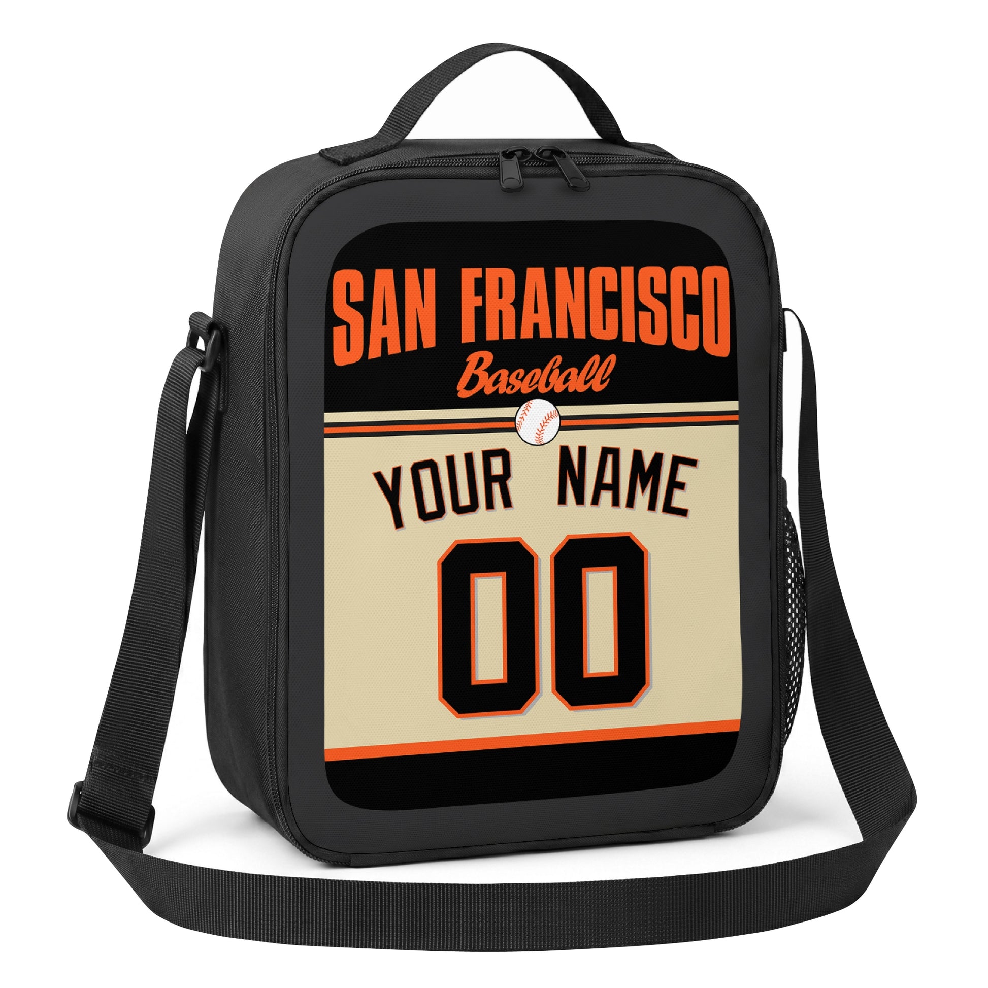 San Francisco black orange and cream personalized baseball lunch bag alternate angle with side mesh pocket top handle and shoulder strap