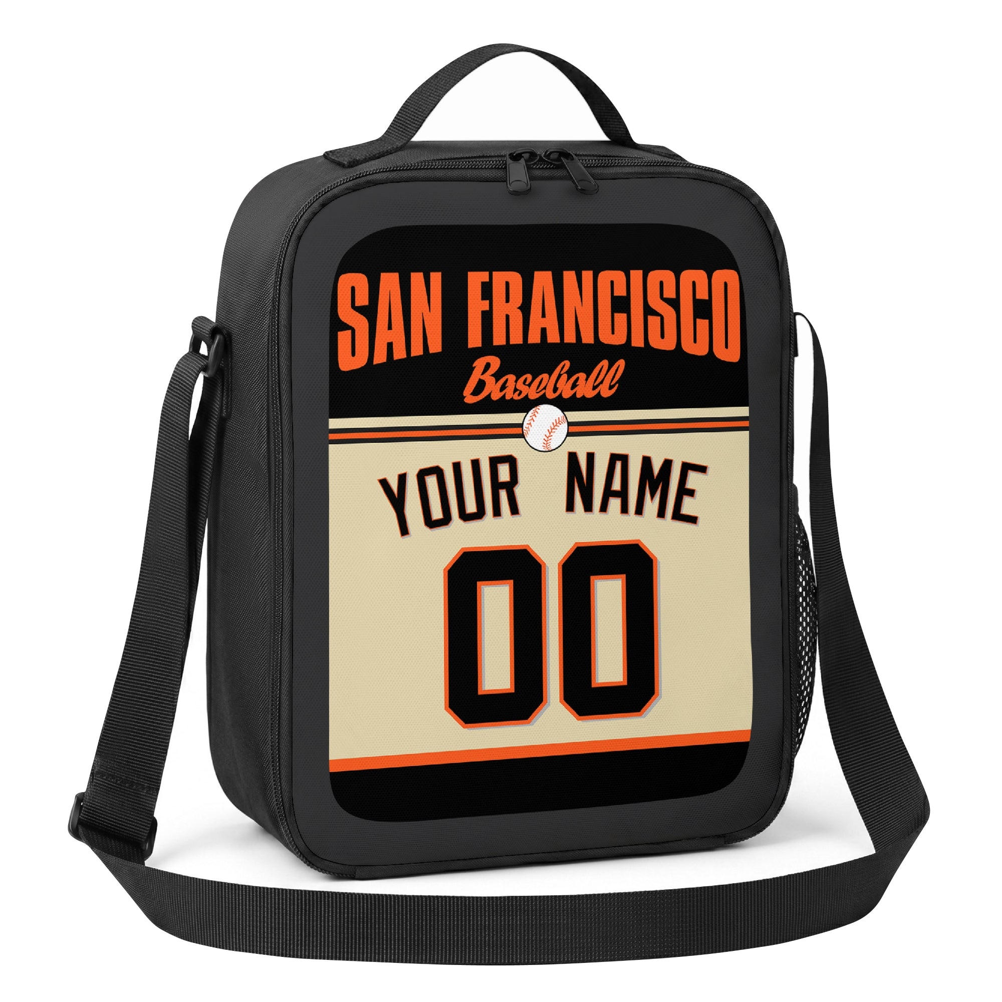 San Francisco black orange and cream personalized baseball lunch bag alternate angle with side mesh pocket top handle and shoulder strap