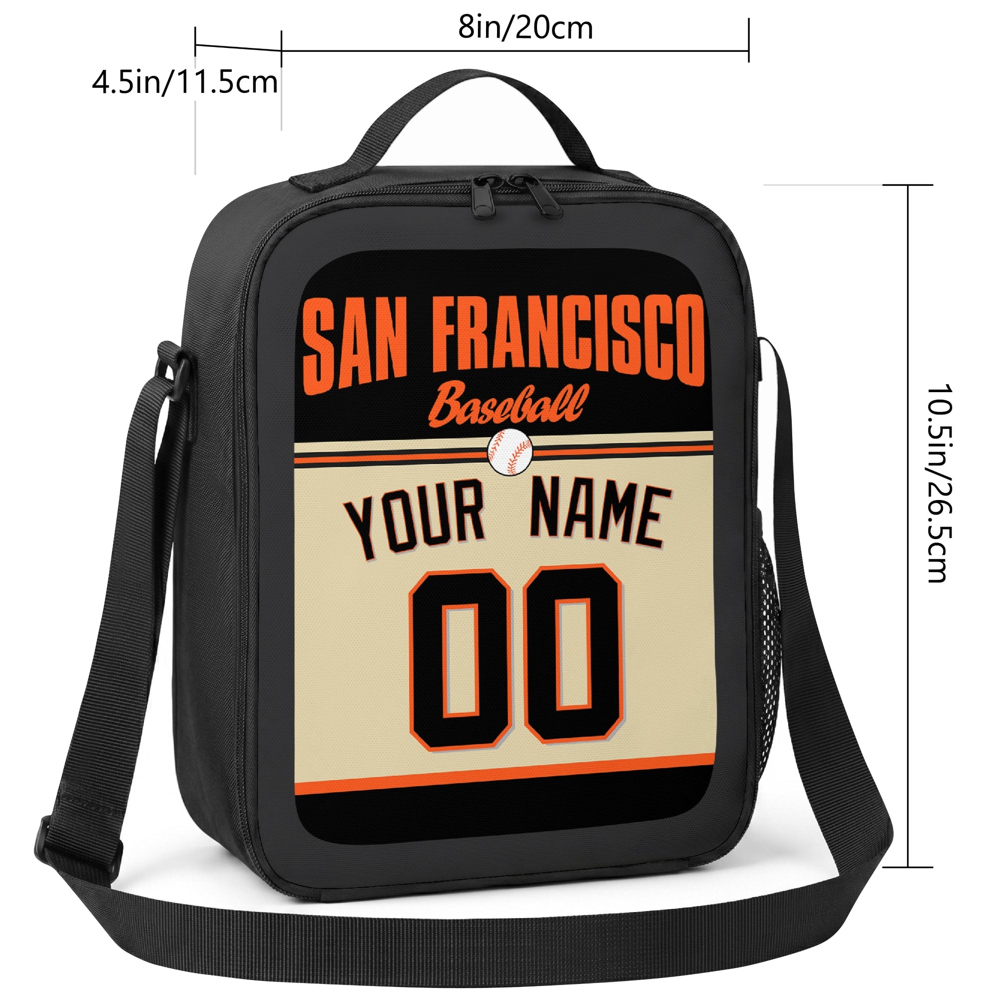 San Francisco personalized baseball lunch bag size guide showing 8 by 4.5 by 10.5 inch dimensions