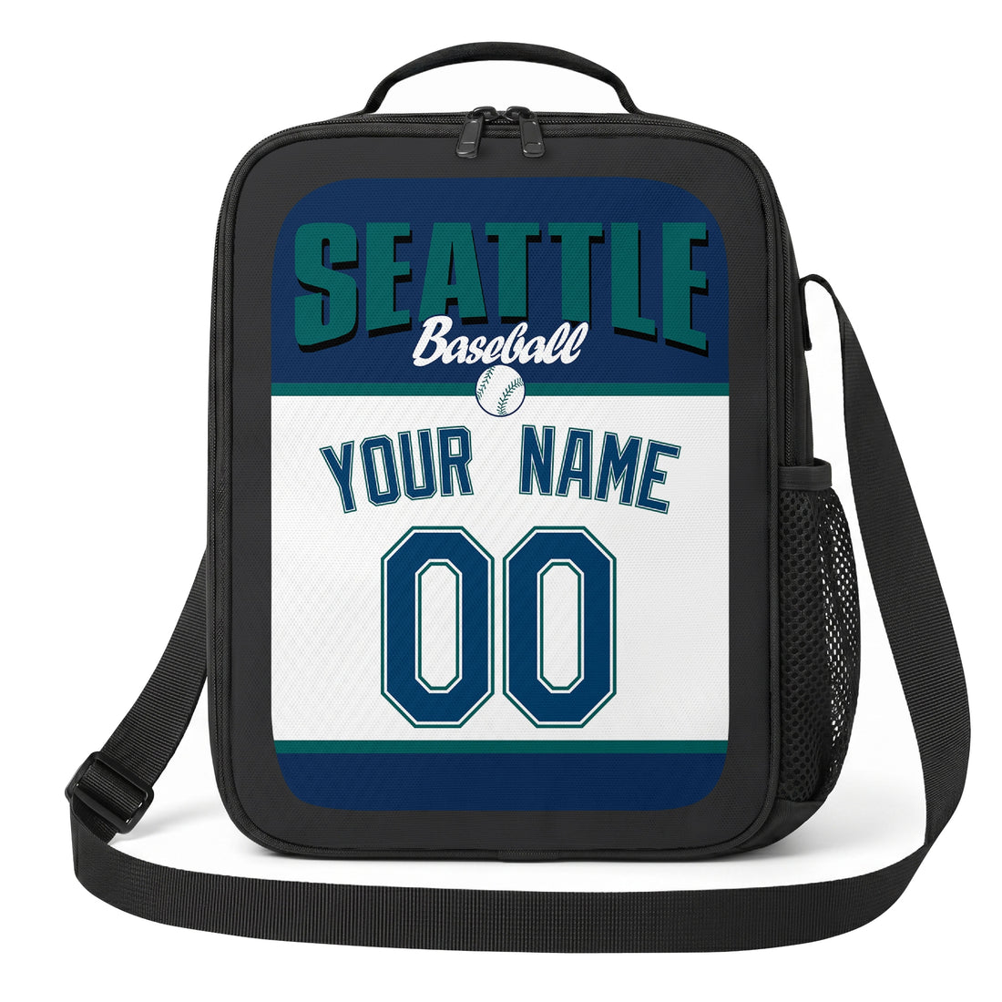 Seattle personalized baseball lunch bag in teal navy and white showing front and angled views with custom name and number